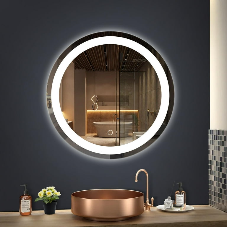Aukfa 24 Round LED Bathroom Mirror Backlit Anti Fog Wall Mounted Lighted Vanity Mirror 3 Colors Light Dimmable Smart Makeup Mirror Touch Switch Bathroom Makeup Walmart