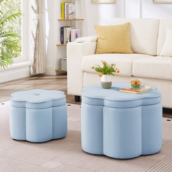 Aukfa 24" Set of 2 Round Storage Ottomans, Flower-Shaped Nesting Pouf Footrest Stools for Living Room, Bedroom, Dorm, Blue