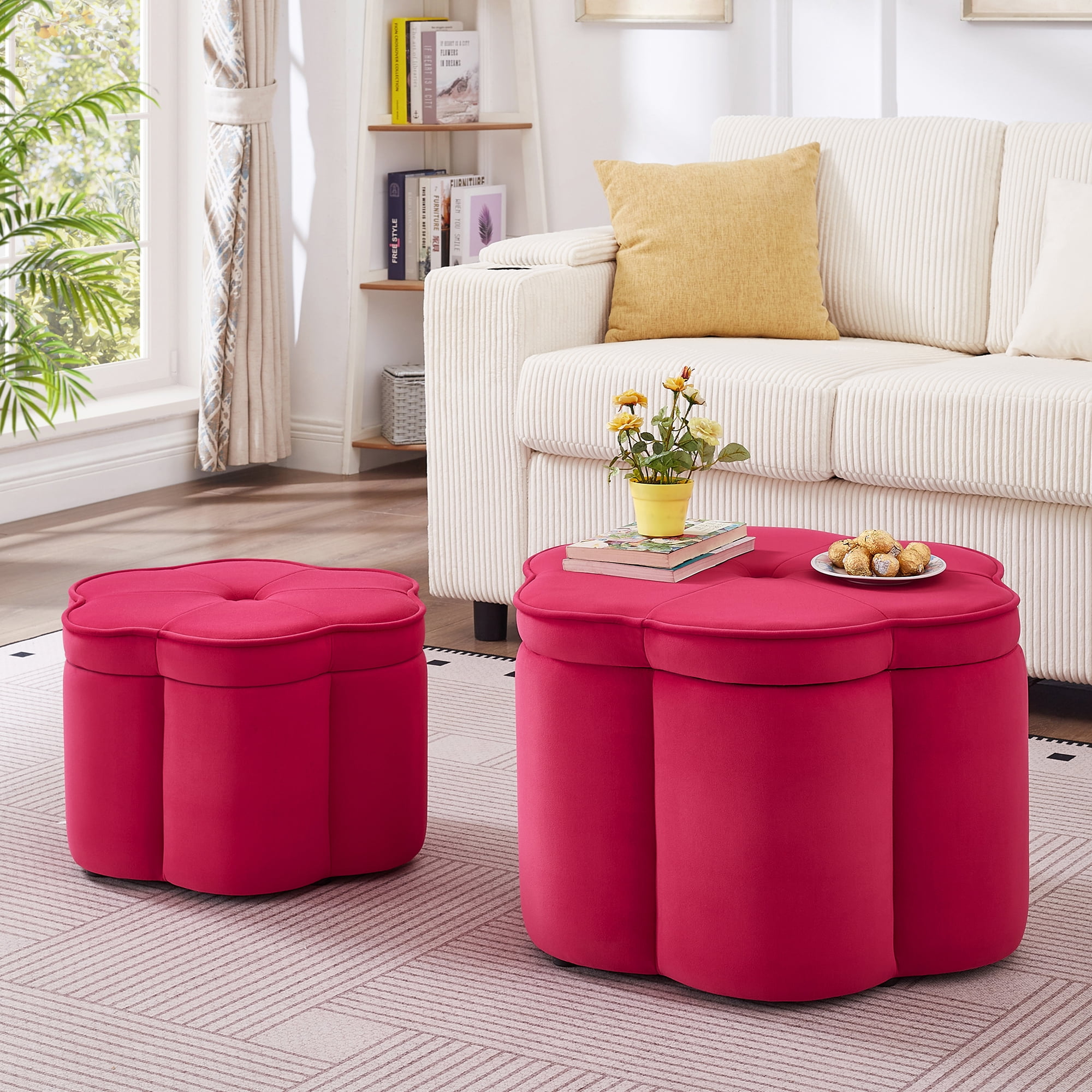 Aukfa 24" Set of 2 Round Storage Ottomans, Flower-Shaped Nesting Pouf Footrest Stools for Living Room, Bedroom, Dorm, Rose