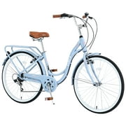 Aukfa 26" Cruiser Bike, 7 Speed Bicycle Hybrid Bikes for Women Girls Ladies, Blue