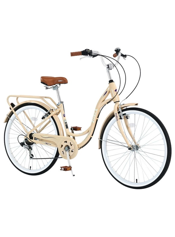 Aukfa 26" Cruiser Bike, 7 Speed Bicycle Hybrid Bikes for Women Girls Ladies, Buttermilk