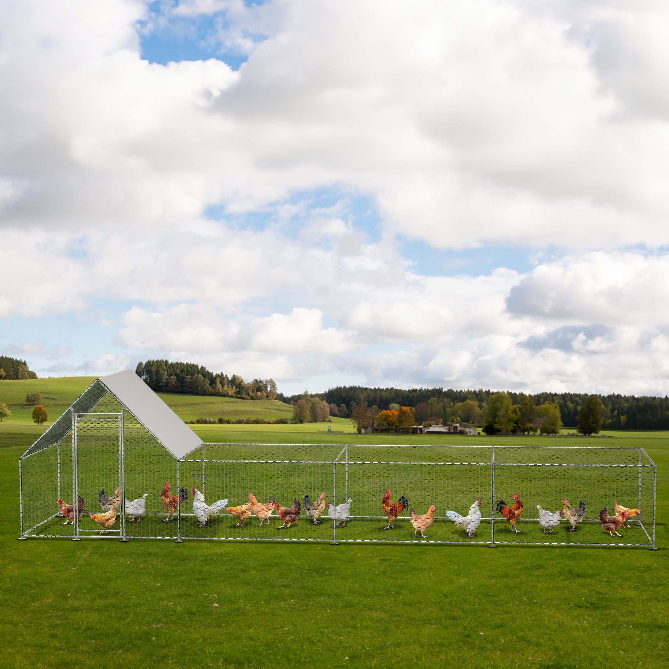 Aukfa 26x6.7FT Metal Chicken Coop with Run, Outdoor Backyard Hen House Poultry Habitat Cage w/Cover