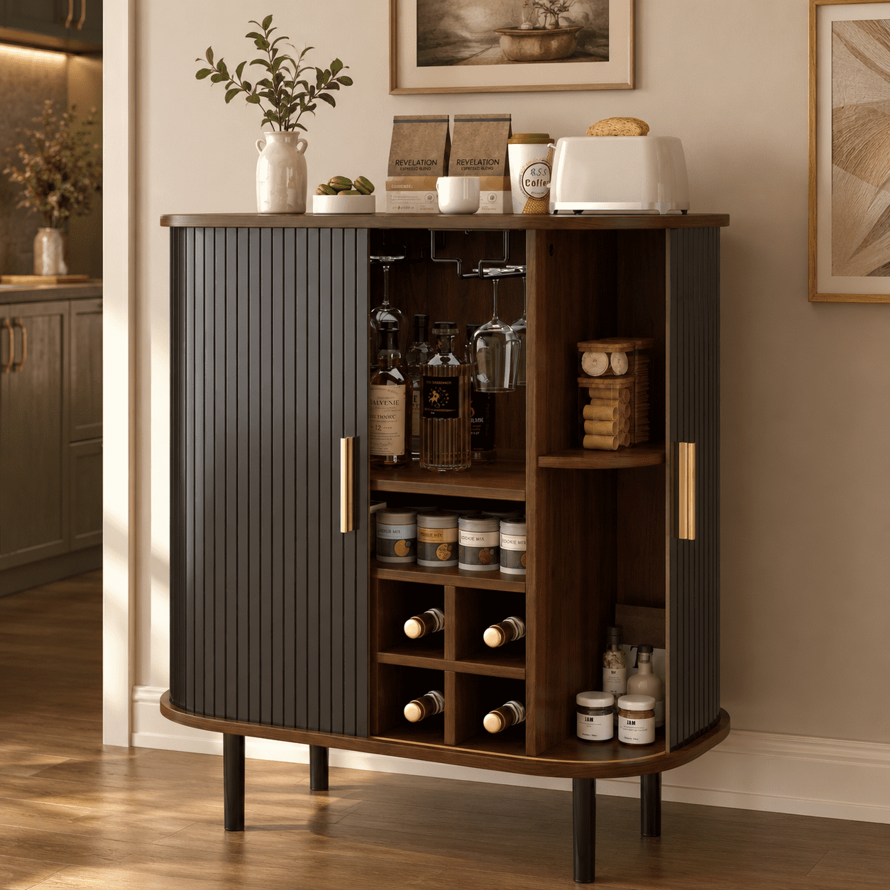 Aukfa 28" Fluted Wine Bar Cabinet with Tambour Doors,Liquor Cabinet & Coffee Bar Station with 8 Wine Rack,Black