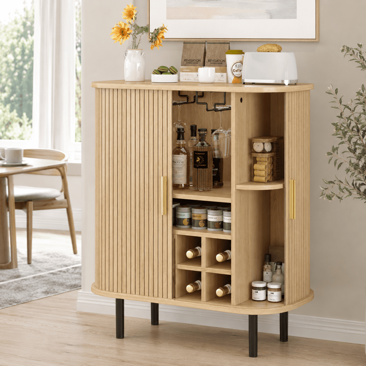 Aukfa 28" Fluted Wine Bar Cabinet with Tambour Doors,Liquor Cabinet & Coffee Bar Station with 8 Wine Rack,Natural