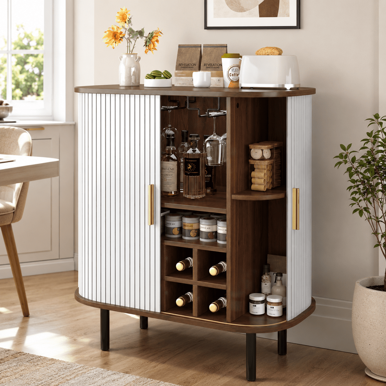 Aukfa 28" Fluted Wine Bar Cabinet with Tambour Doors,Liquor Cabinet & Coffee Bar Station with 8 Wine Rack,White