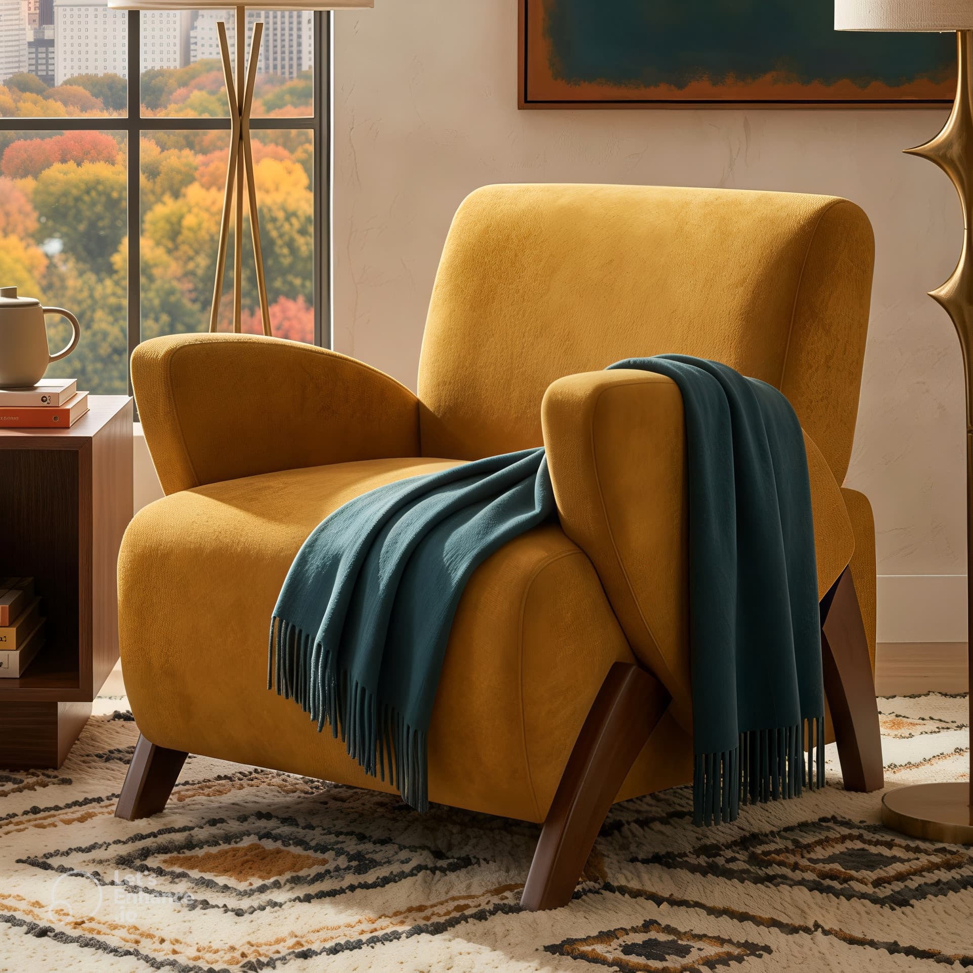 Aukfa 28" Plush Accent Chair, Upholstered Lounge Chair, Modern Reading Chair, Brown Yellow