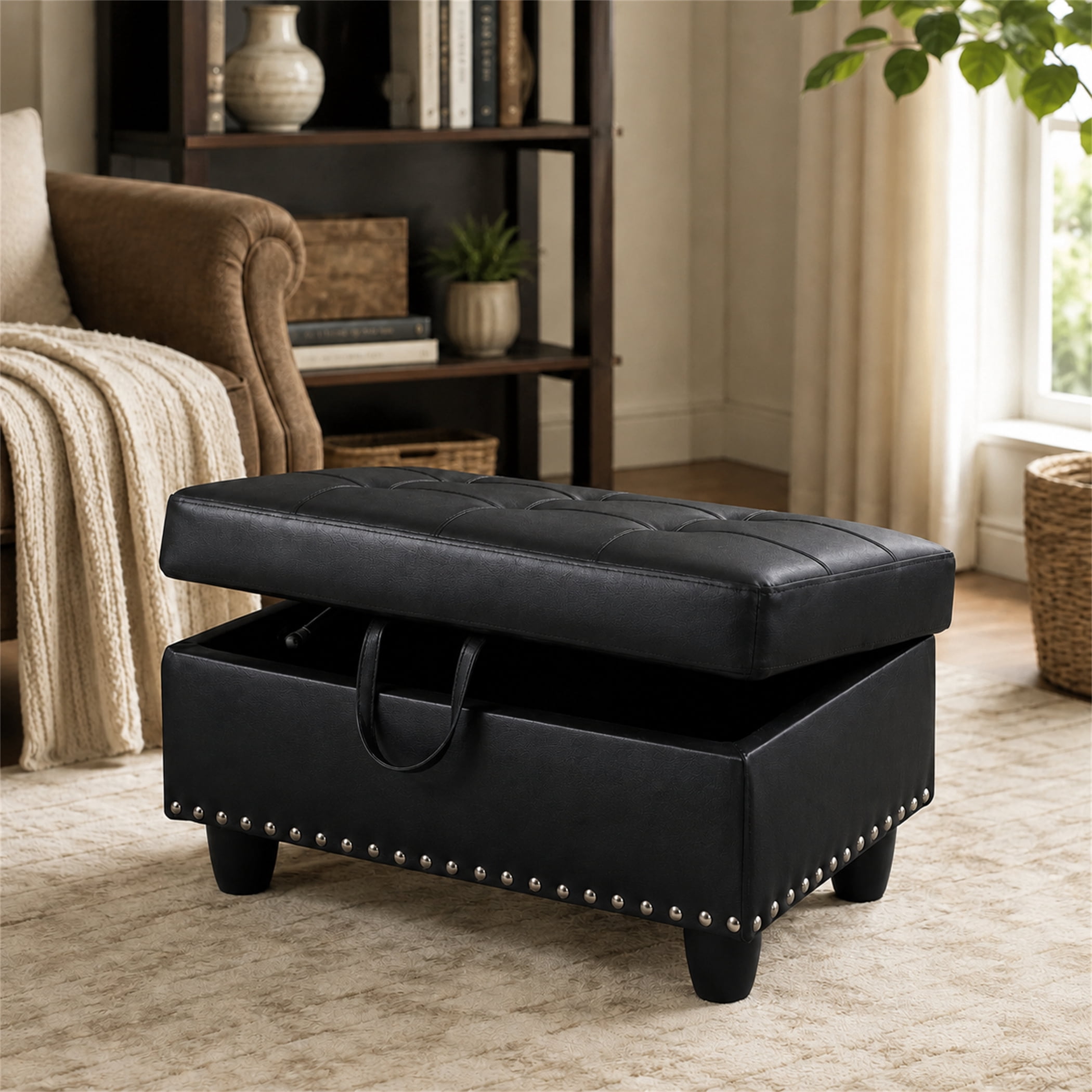 Aukfa 29" Storage Ottoman Bench for Sectional Sofa for Home Office, Nailhead Trim&Lift Top, Leather, Black