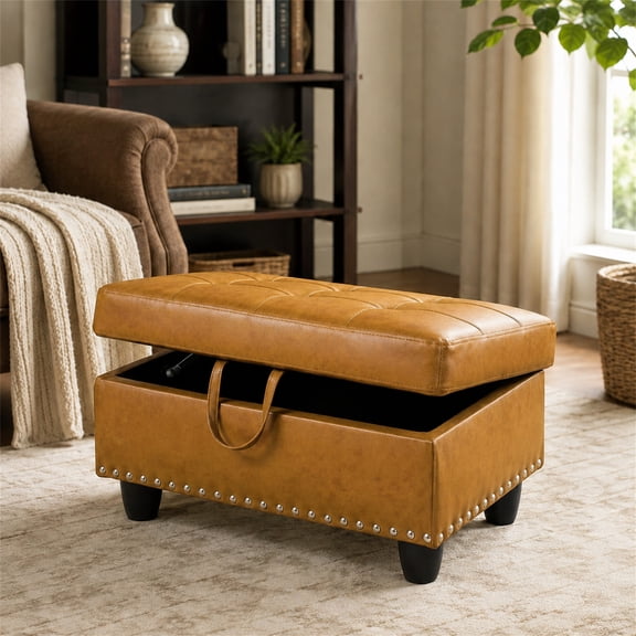 Aukfa 29" Storage Ottoman Bench for Sectional Sofa for Home Office, Nailhead Trim&Lift Top, Leather, Ginger