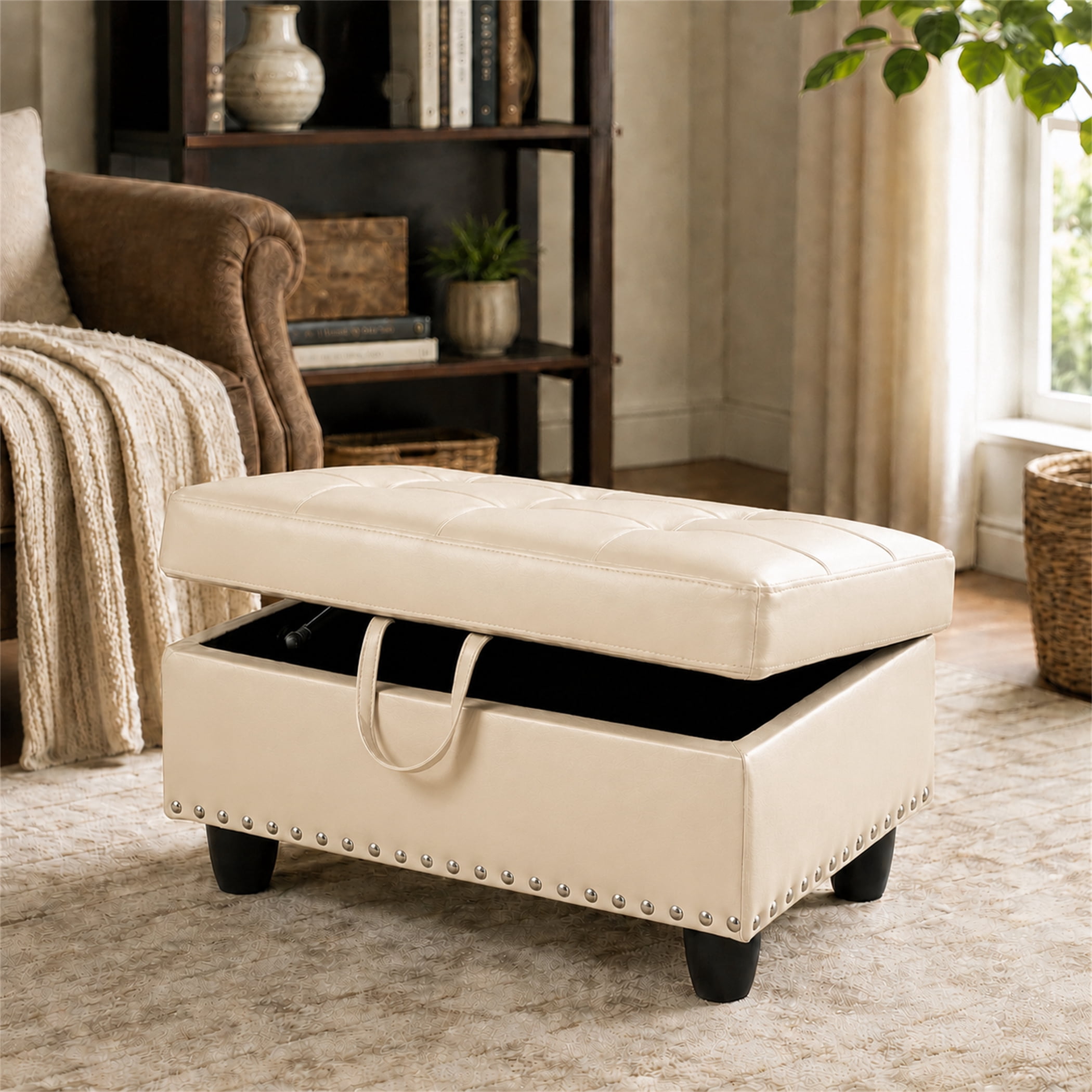 Aukfa 29" Storage Ottoman Bench for Sectional Sofa for Home Office, Nailhead Trim&Lift Top, Leather, White