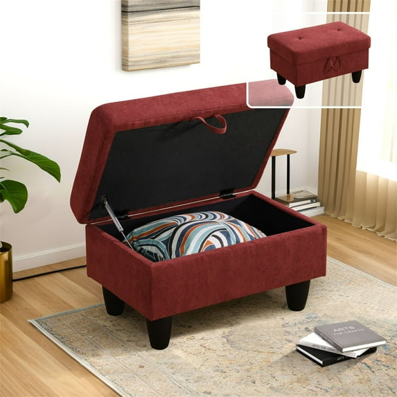 Aukfa 29" Storage Ottoman Bench with Lift Top for Home Office, Flannel, Red