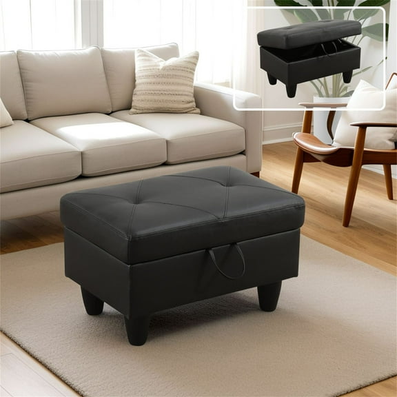 Aukfa 29" Storage Ottoman Bench with Lift Top for Home Office, Leather, Black