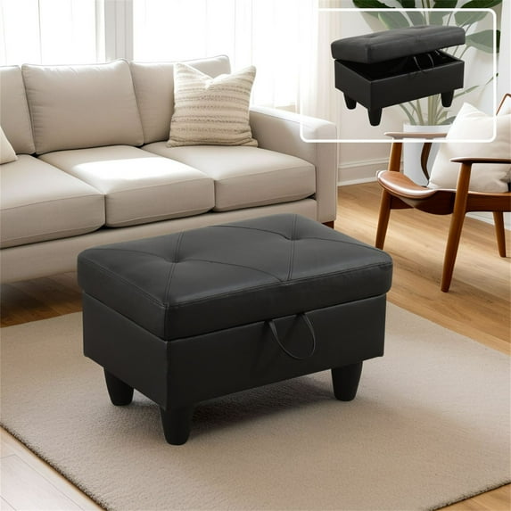 Aukfa 29" Storage Ottoman Bench with Lift Top for Home Office, Leather, Black