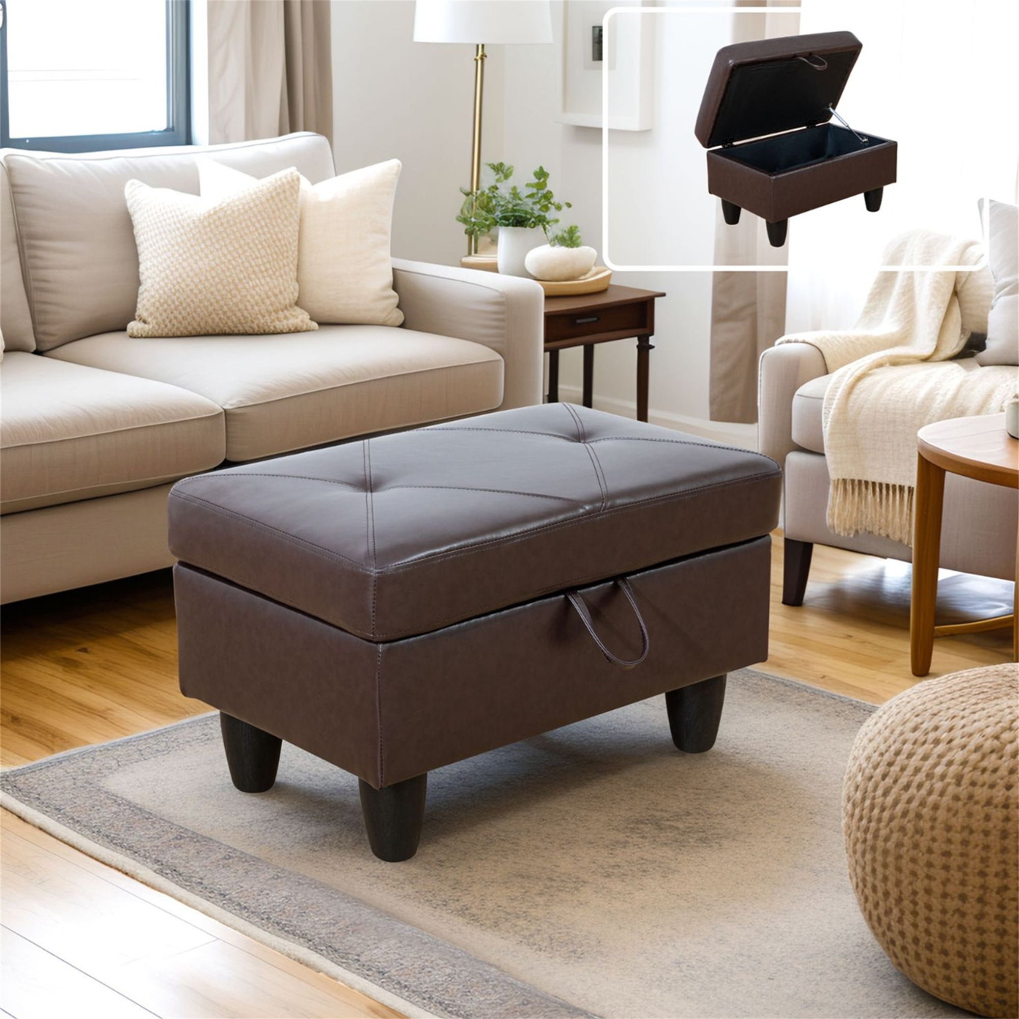 Aukfa 29" Storage Ottoman Bench for Sectional Sofa for Home Office, Lift Top , Leather, Brown