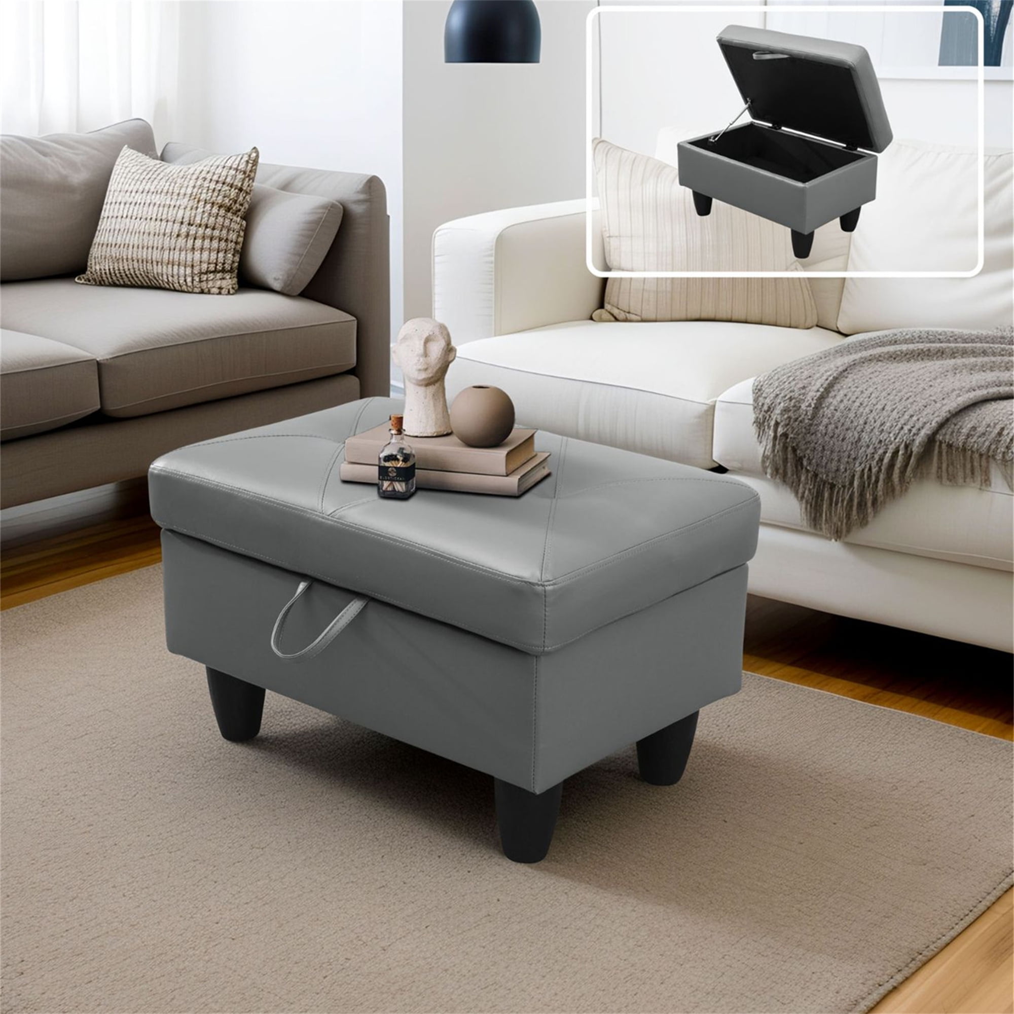 Aukfa 29" Storage Ottoman Bench for Sectional Sofa for Home Office, Lift Top , Leather, Gray