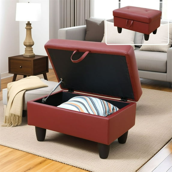 Aukfa 29" Storage Ottoman Bench with Lift Top for Home Office, Leather, Red