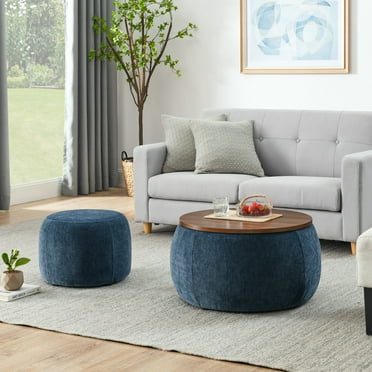 Aukfa 2pc Round Storage Ottoman, Chenille Upholstered Pouf Foot Rest Stools, Coffee End Table for Living Room, Bedroom, Dorm, Blue