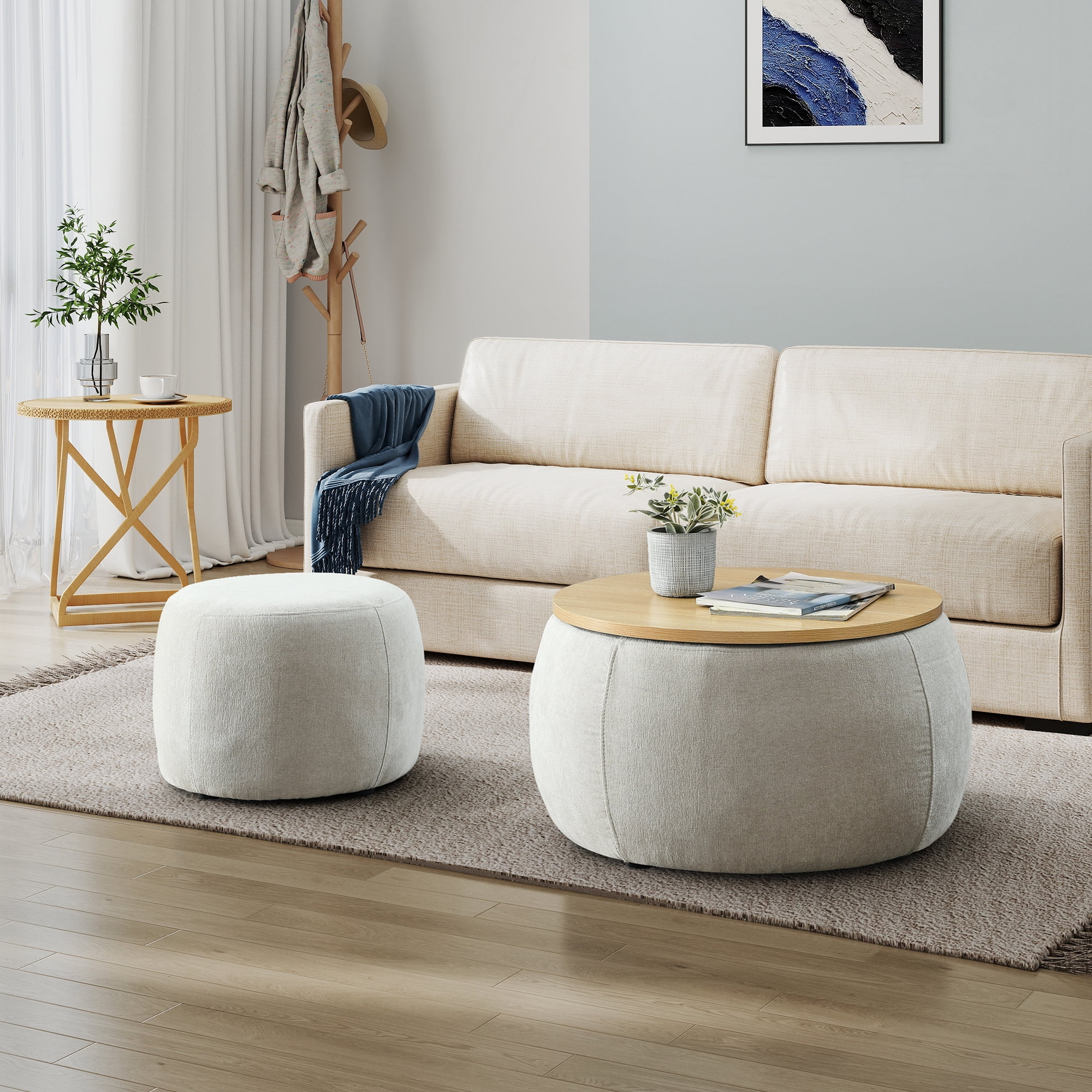 Aukfa 2pc Round Storage Ottoman, Chenille Upholstered Pouf Foot Rest Stools, Coffee End Table for Living Room, Bedroom, Dorm, Gray