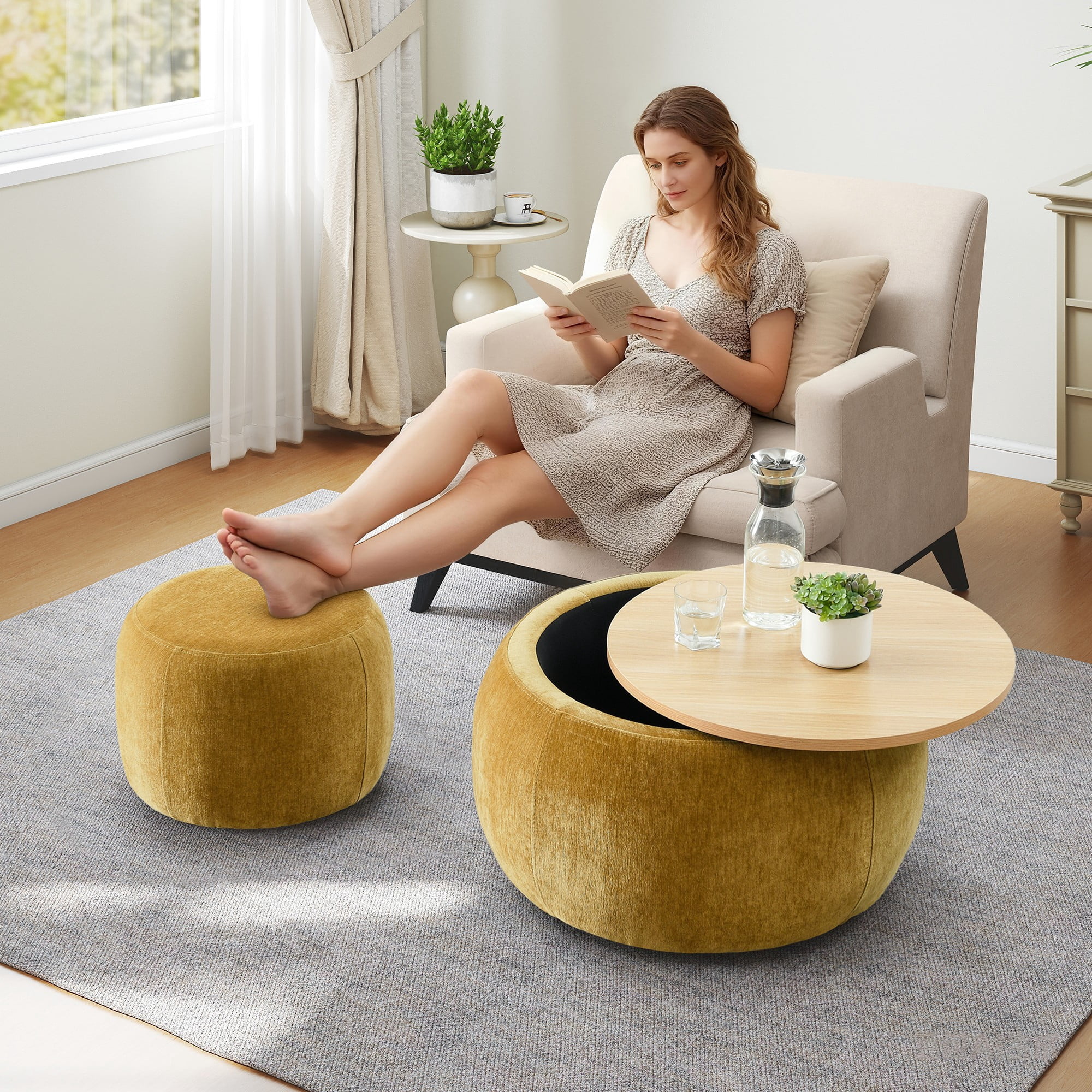 Aukfa 2pc Round Storage Ottoman, Chenille Upholstered Pouf Foot Rest Stools, Coffee End Table for Living Room, Bedroom, Dorm, Yellow