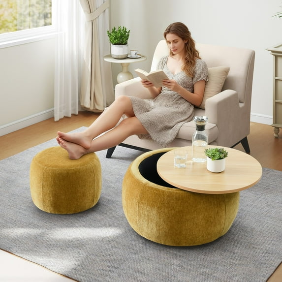 Aukfa 2pc Round Storage Ottoman, Chenille Upholstered Pouf Foot Rest Stools, Coffee End Table for Living Room, Bedroom, Dorm, Yellow