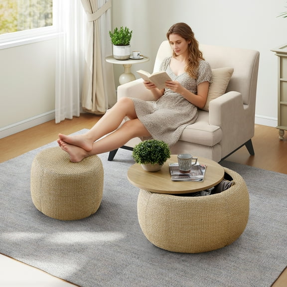 Aukfa 2pc Round Storage Ottoman, Woven Rattan Pouf Foot Rest Stools, Coffee End Table for Living Room, Bedroom, Dorm, Beige