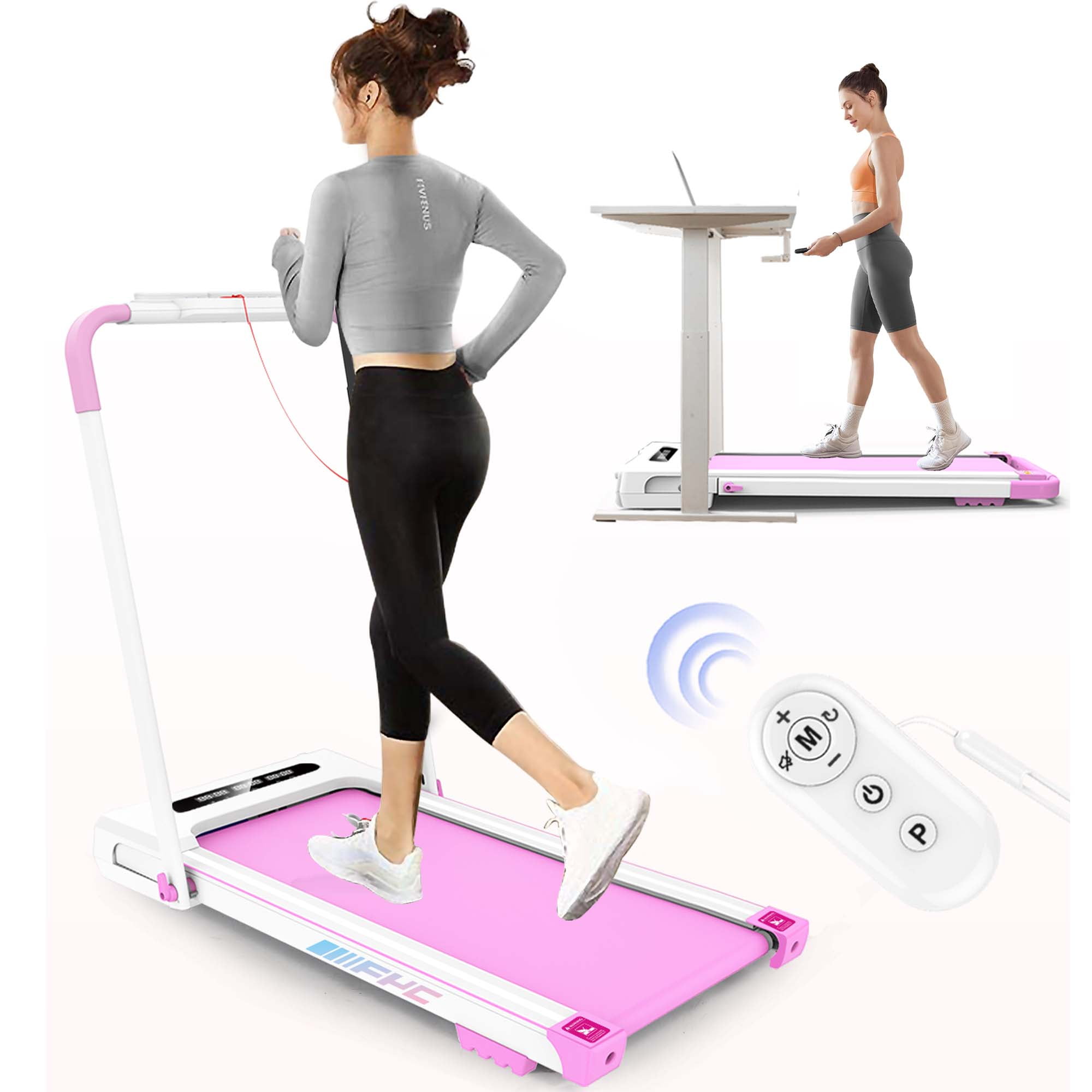 Aukfa 3.5 HP Under Desk Treadmill, Walking Pad 2 in 1 Folding Treadmill for Home Office Workout, 300lb Capacity, Pink