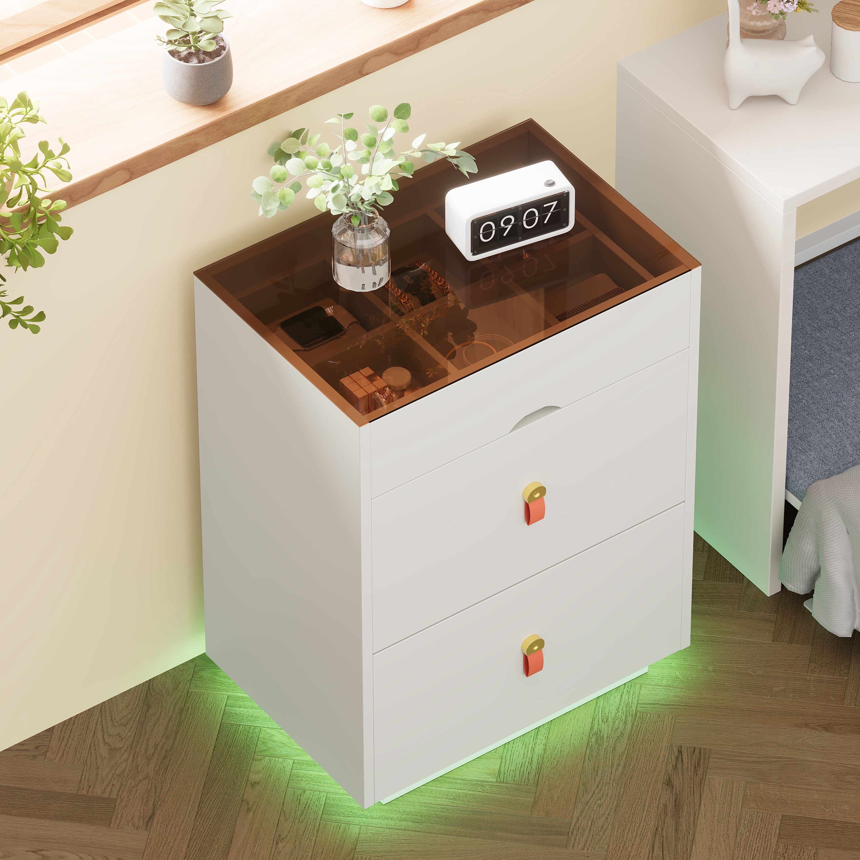 Aukfa 3 Drawer Dresser, Bedside Table Nightstand w/Glass Top Jewelry Storage LED Light for Cloakroom/Bedroom/Livingroom,White