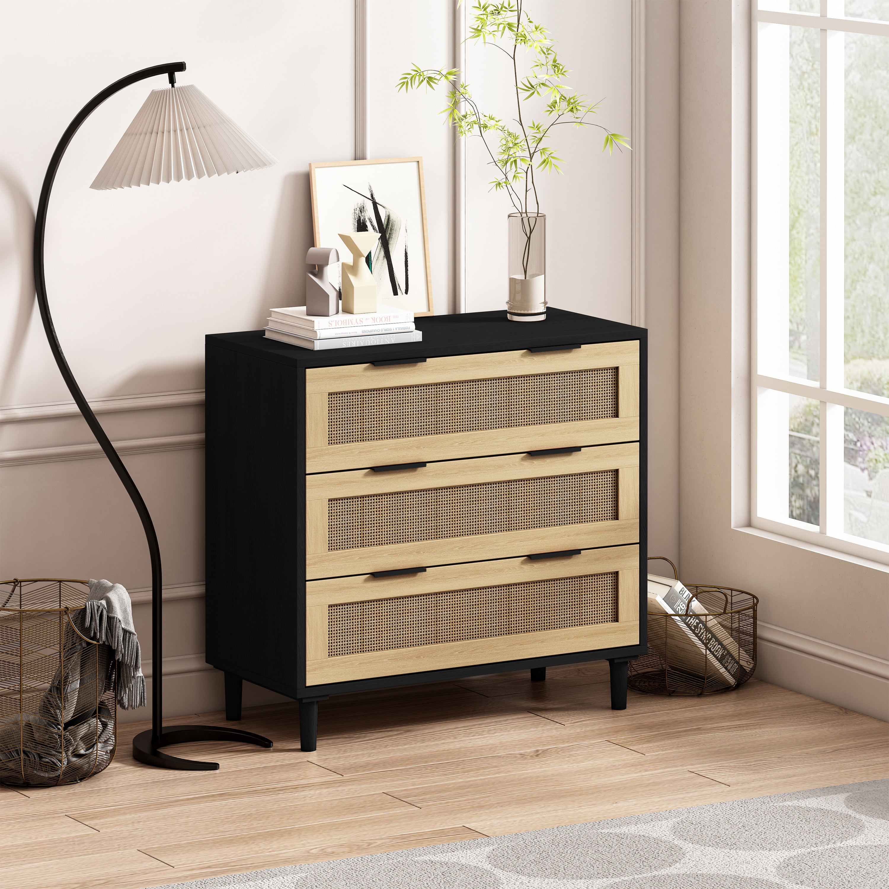 Black Vertical 3-Drawer Dresser with Rattan Fronts