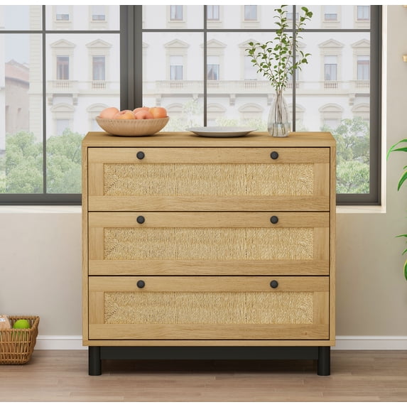 Aukfa 3 Drawer Dresser Nightstand with Rattan Storage Drawer for Bedroom Living Room, Walnut