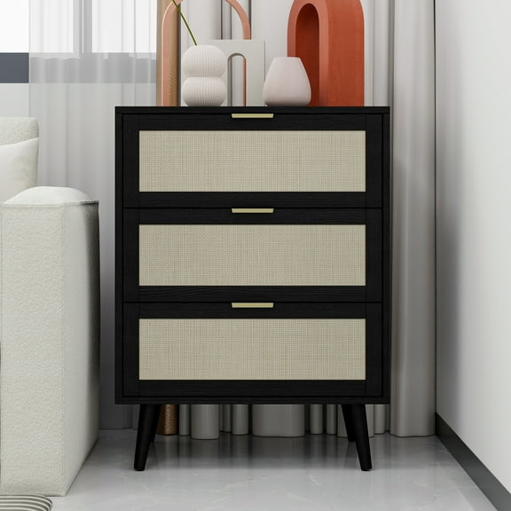 Aukfa 3 Drawer Tall Dresser Nightstand with Rattan Storage Drawer for Bedroom Living Room, Black