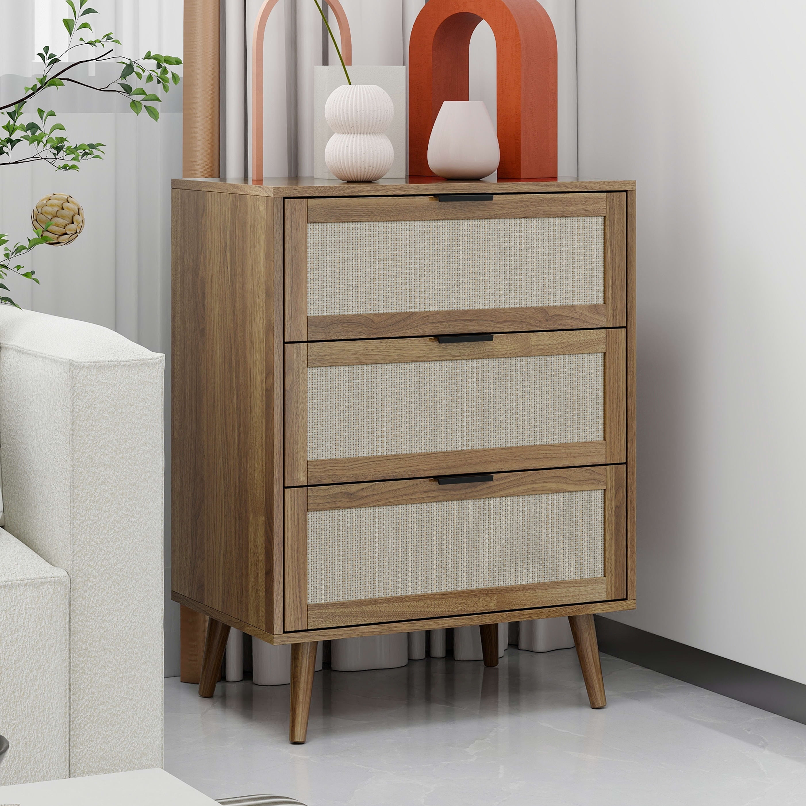 Aukfa 3 Drawer Tall Dresser Nightstand with Rattan Storage Drawer for Bedroom Living Room, Walnut