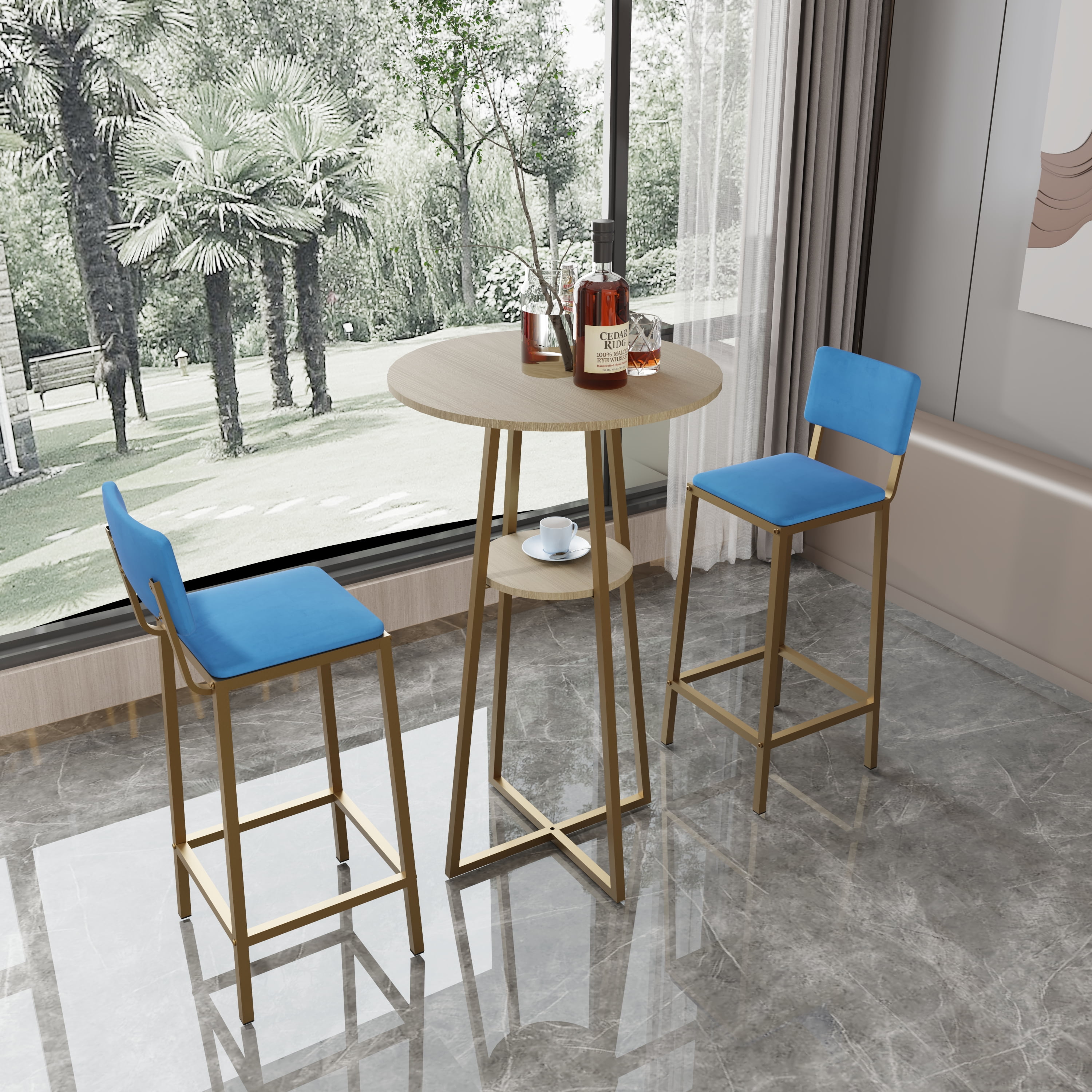 Aukfa 3 Pcs Dining Table Set, Bar Table and Chairs Set with storage cushions for Breakfast Kitchen Dining Room, Blue