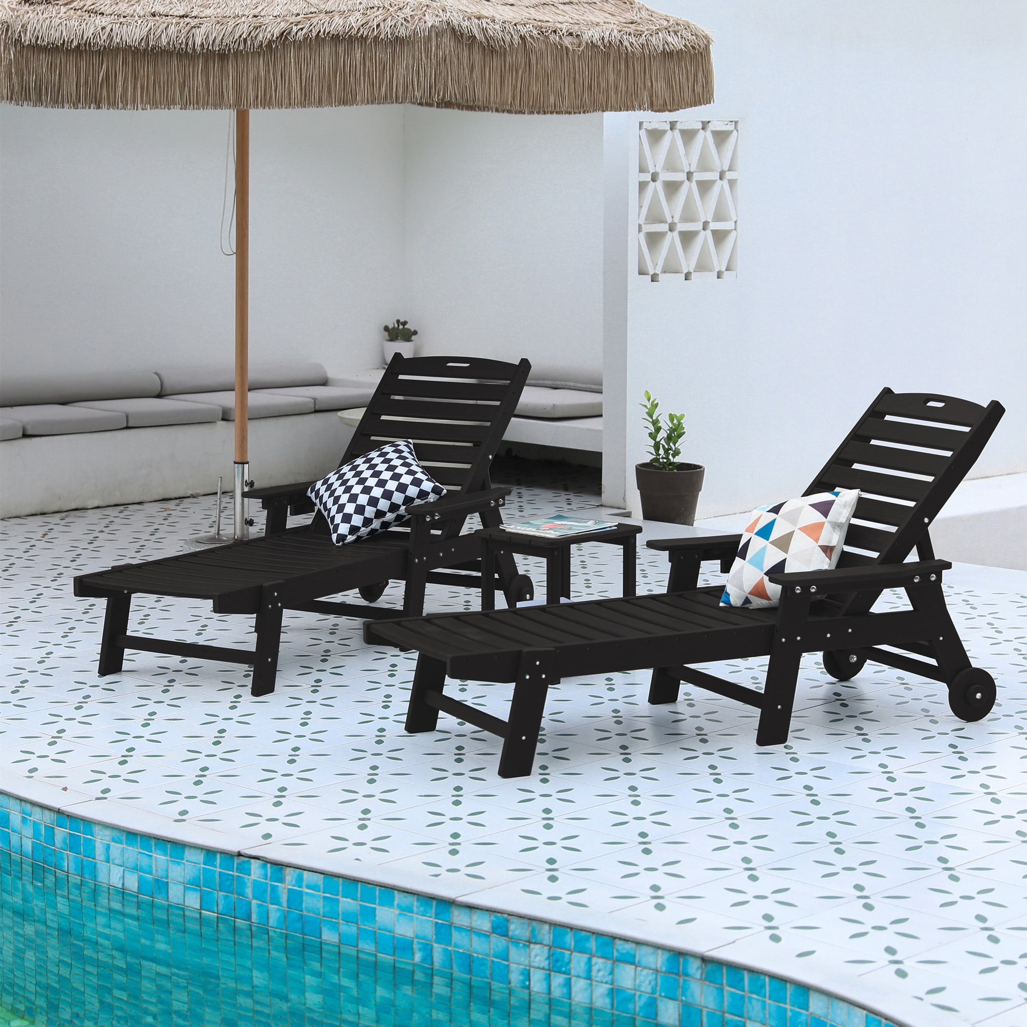 Aukfa 3 Pcs Outdoor Patio Chaise Lounge w/ Coffee Table&Cup Holder, Adjustable Backrest, HDPE, Black