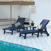Aukfa 3 Pcs Outdoor Patio Chaise Lounge w/ Coffee Table&Cup Holder, Adjustable Backrest, HDPE, Navy