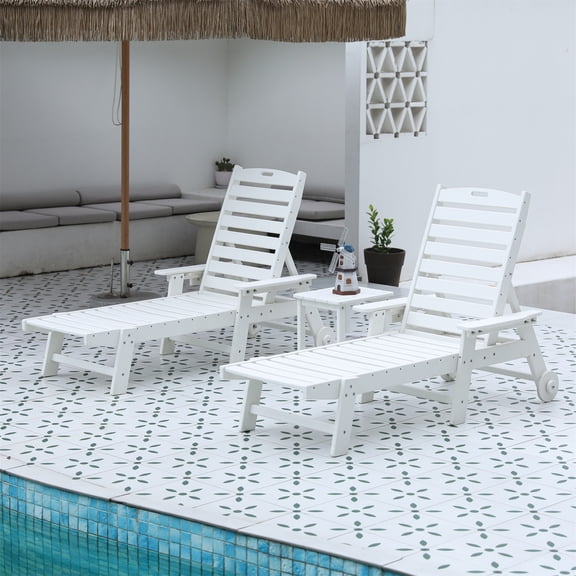 Aukfa 3 Pcs Outdoor Patio Chaise Lounge w/ Coffee Table&Cup Holder, Adjustable Backrest, HDPE, White