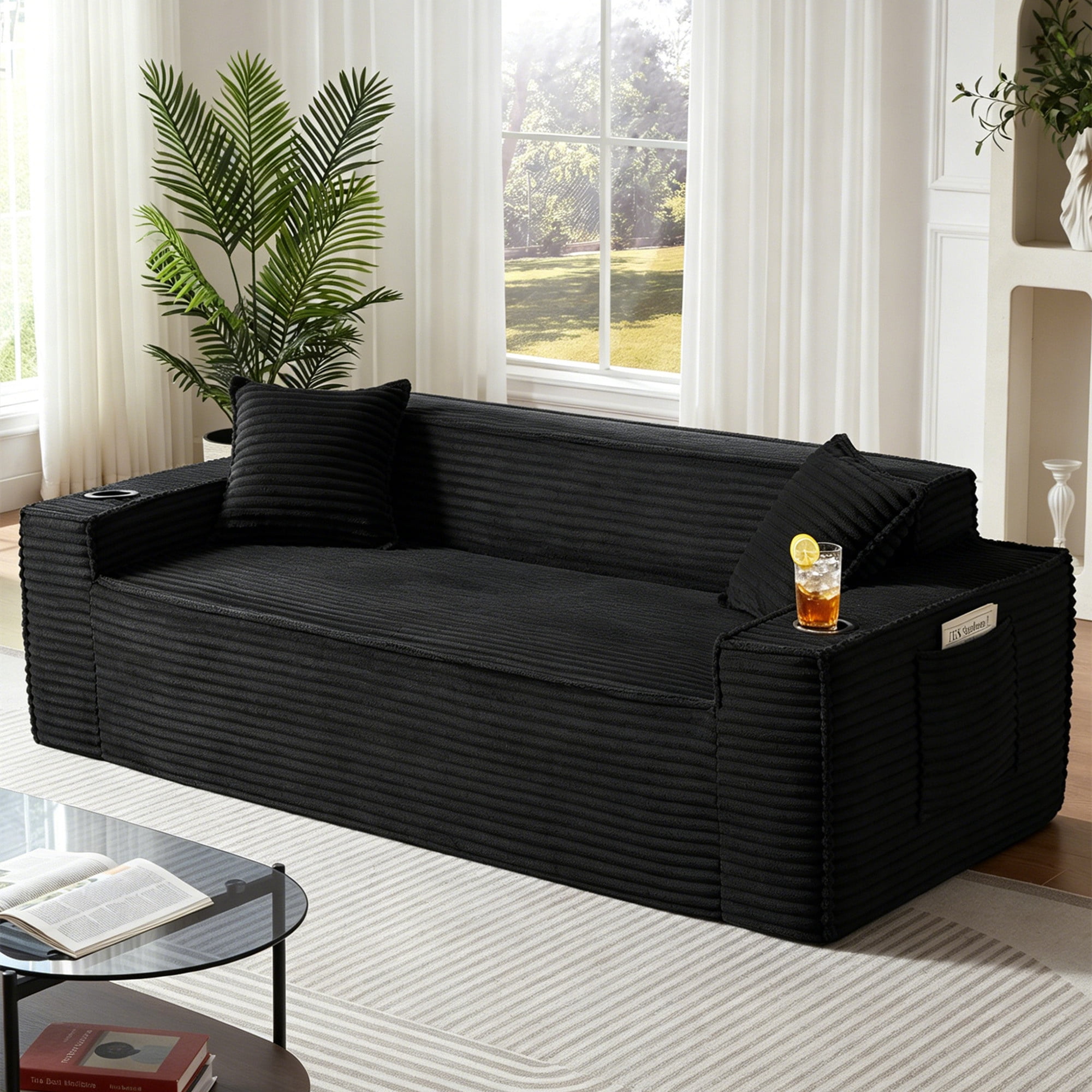 Aukfa 3 Piece Boneless Couch Set, 81" 3 Seat Cloud Sofa for Living Room, 2 Cup Holders&Storage Pocket, Corduroy, Black