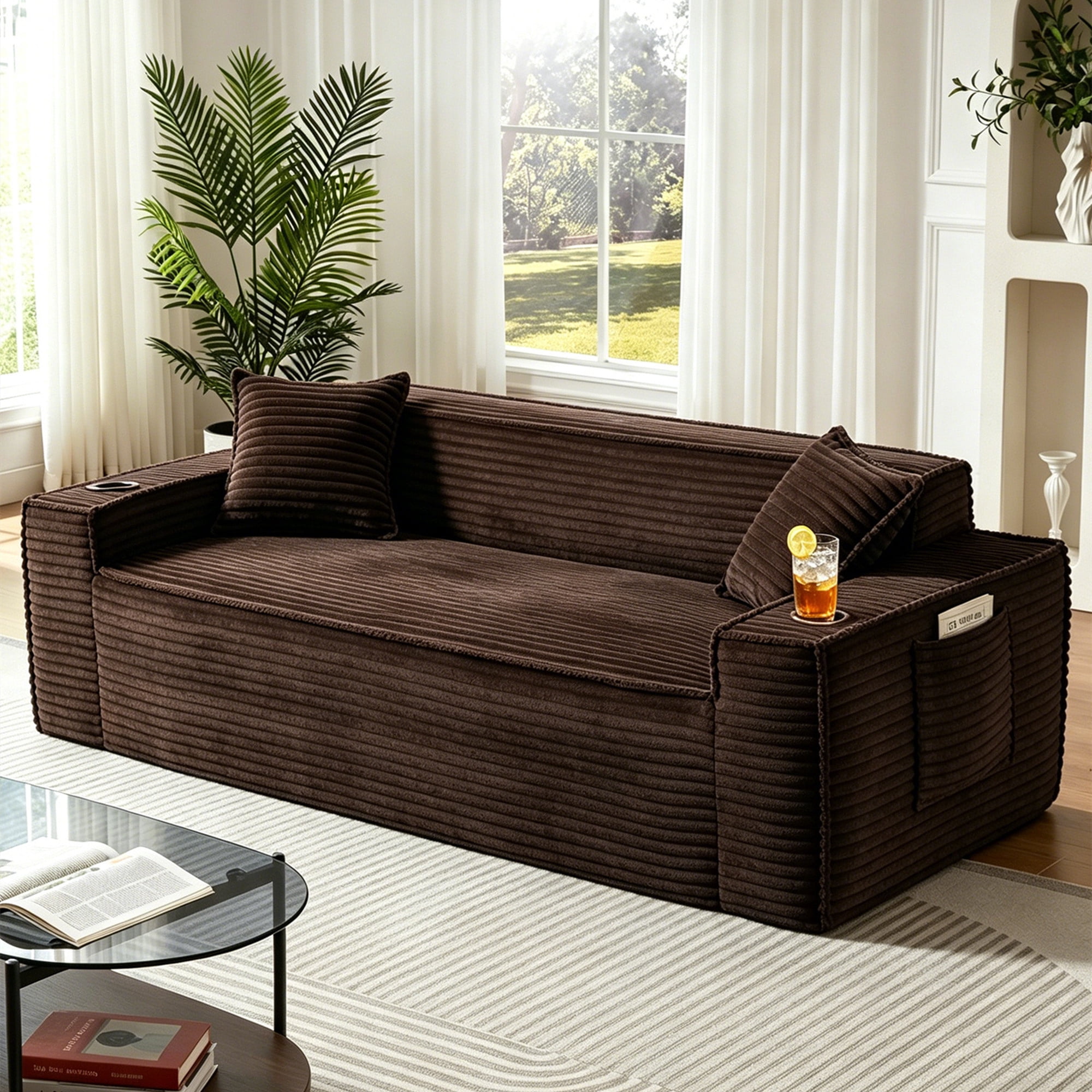 Aukfa 3 Piece Boneless Couch Set, 81" 3 Seat Cloud Sofa for Living Room, 2 Cup Holders&Storage Pocket, Corduroy, Brown
