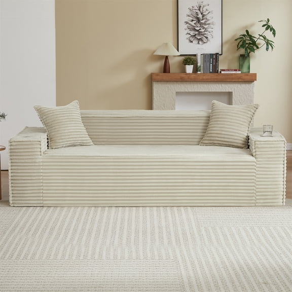 Aukfa 3 Piece Boneless Couch Set, 81" 3 Seat Cloud Sofa for Living Room, 2 Cup Holders&Storage Pocket, Corduroy, Camel