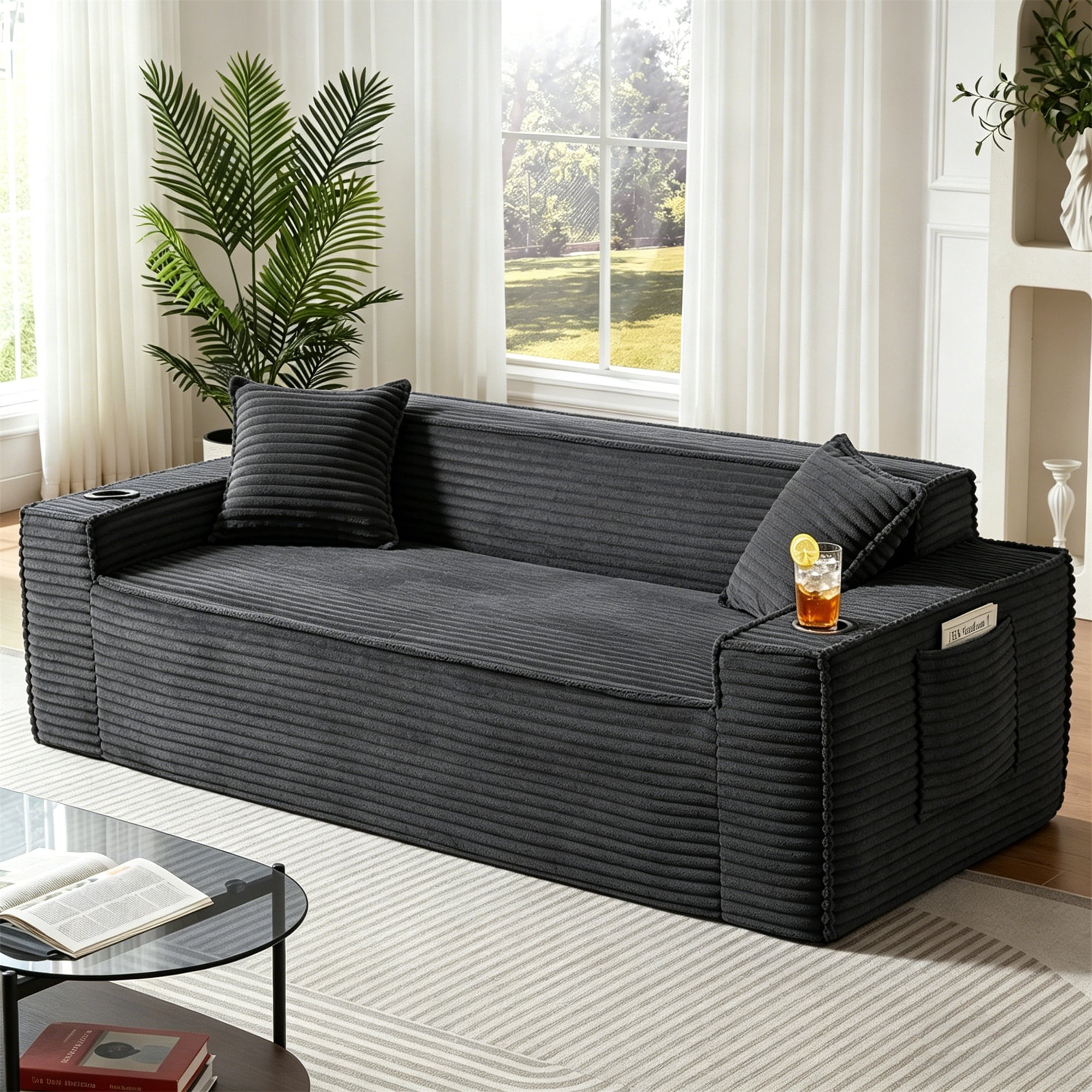Aukfa 3 Piece Boneless Couch Set, 81" 3 Seat Cloud Sofa for Living Room, 2 Cup Holders&Storage Pocket, Corduroy, Gray