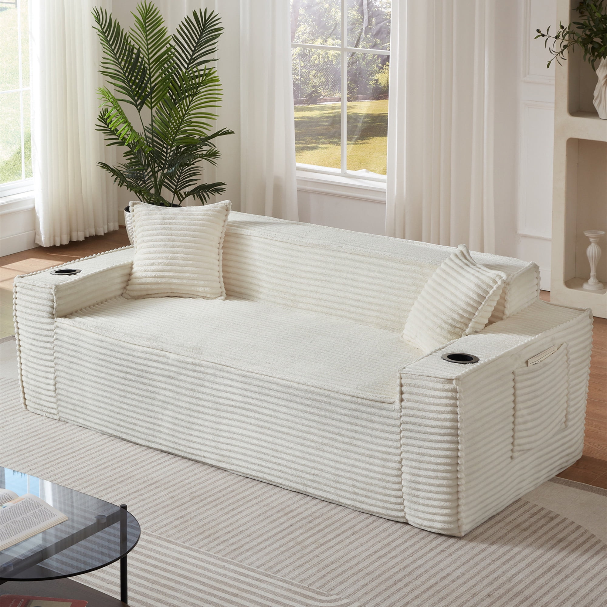 Aukfa 3 Piece Boneless Couch Set, 81" 3 Seat Cloud Sofa for Living Room, 2 Cup Holders&Storage Pocket, Corduroy, White