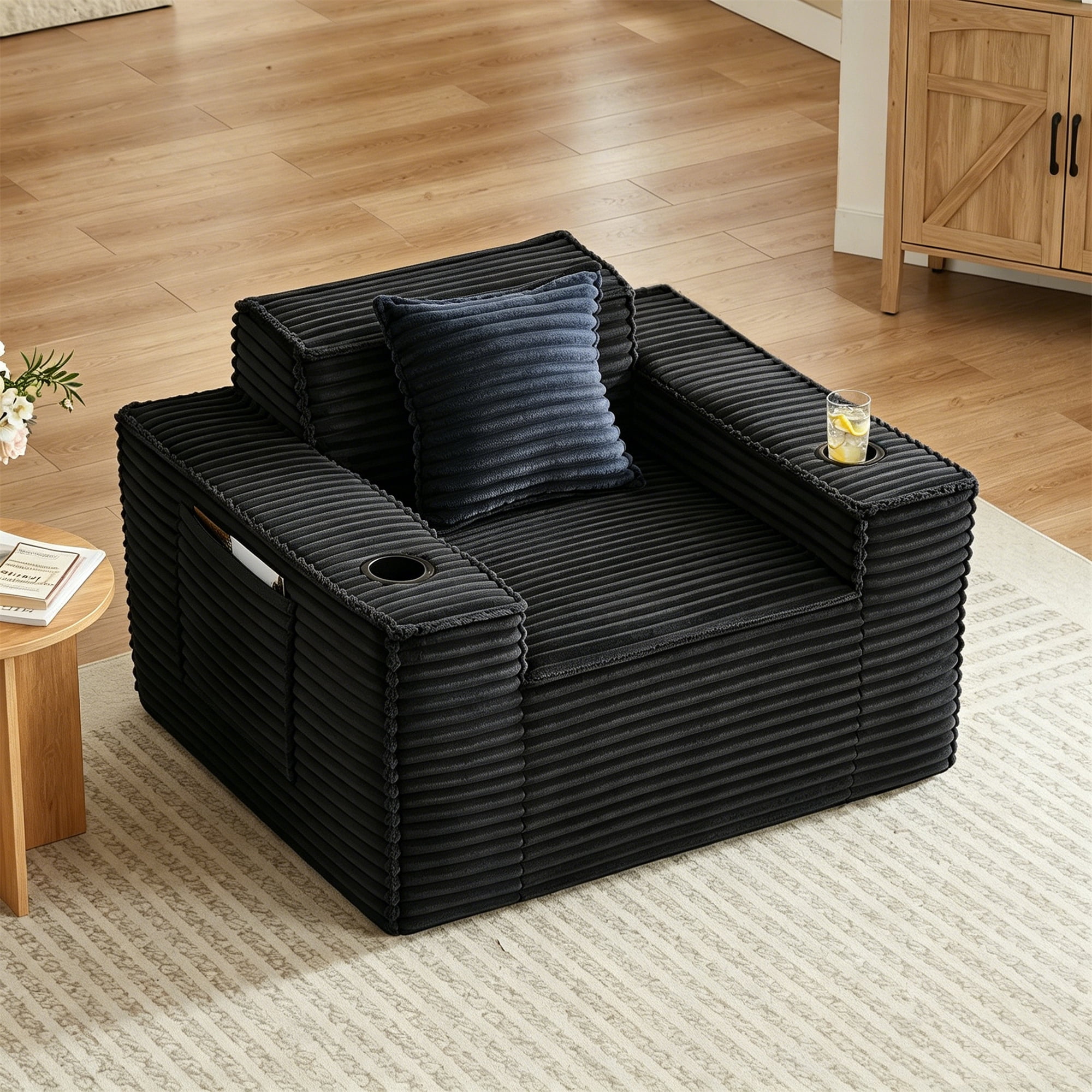 Aukfa 3 Piece Boneless Couch Set, Cloud Sofa Armchair w/ 2 Cup Holders&Storage Pockets for Living Room, Corduroy, Black