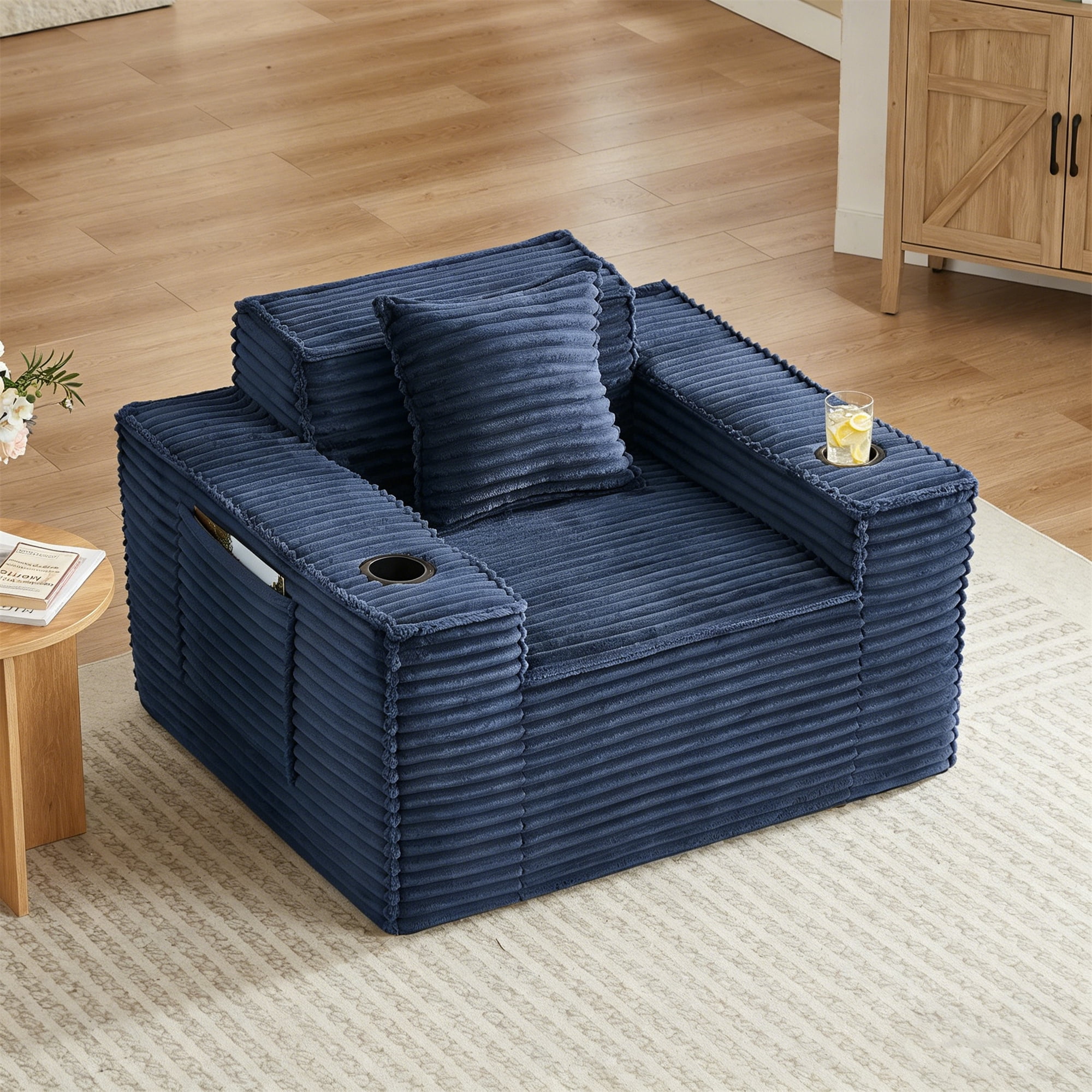 Aukfa 3 Piece Boneless Couch Set, Cloud Sofa Armchair w/ 2 Cup Holders&Storage Pockets for Living Room, Corduroy, Blue