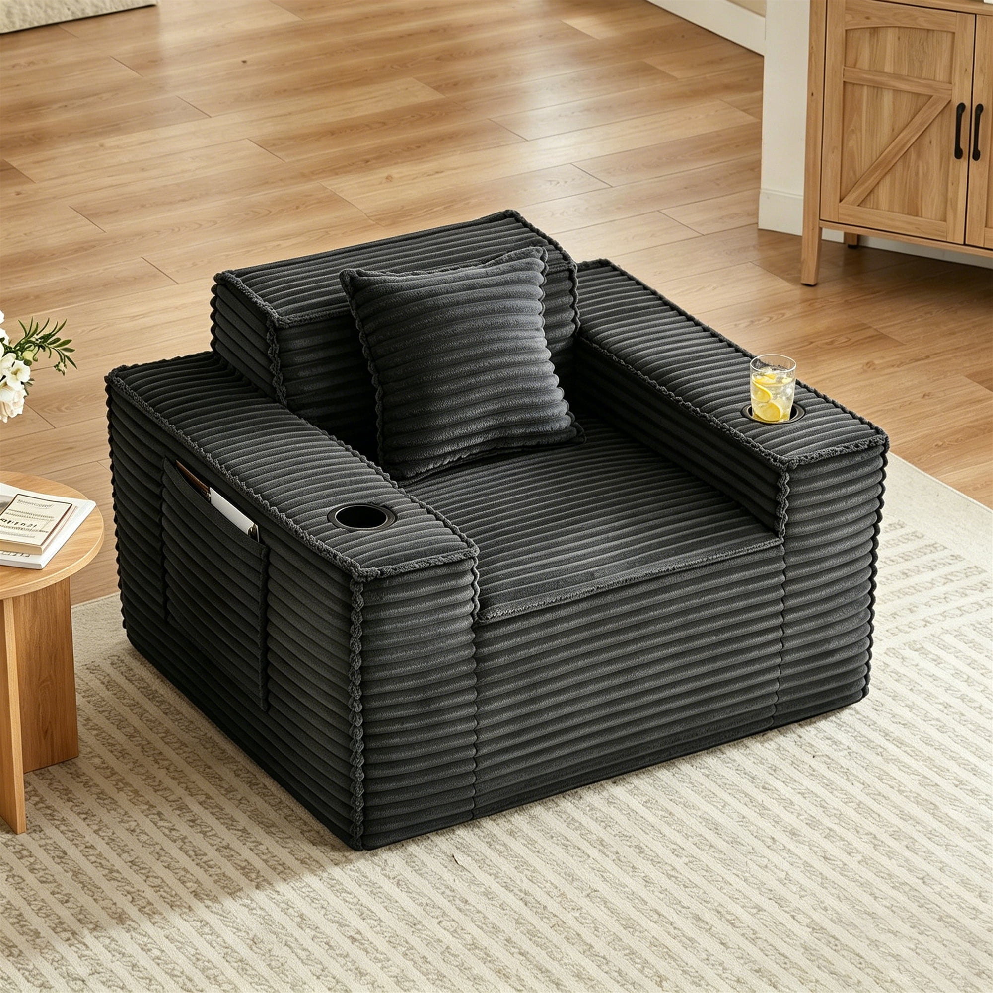 Aukfa 3 Piece Boneless Couch Set, Cloud Sofa Armchair w/ 2 Cup Holders&Storage Pockets for Living Room, Corduroy, Gray