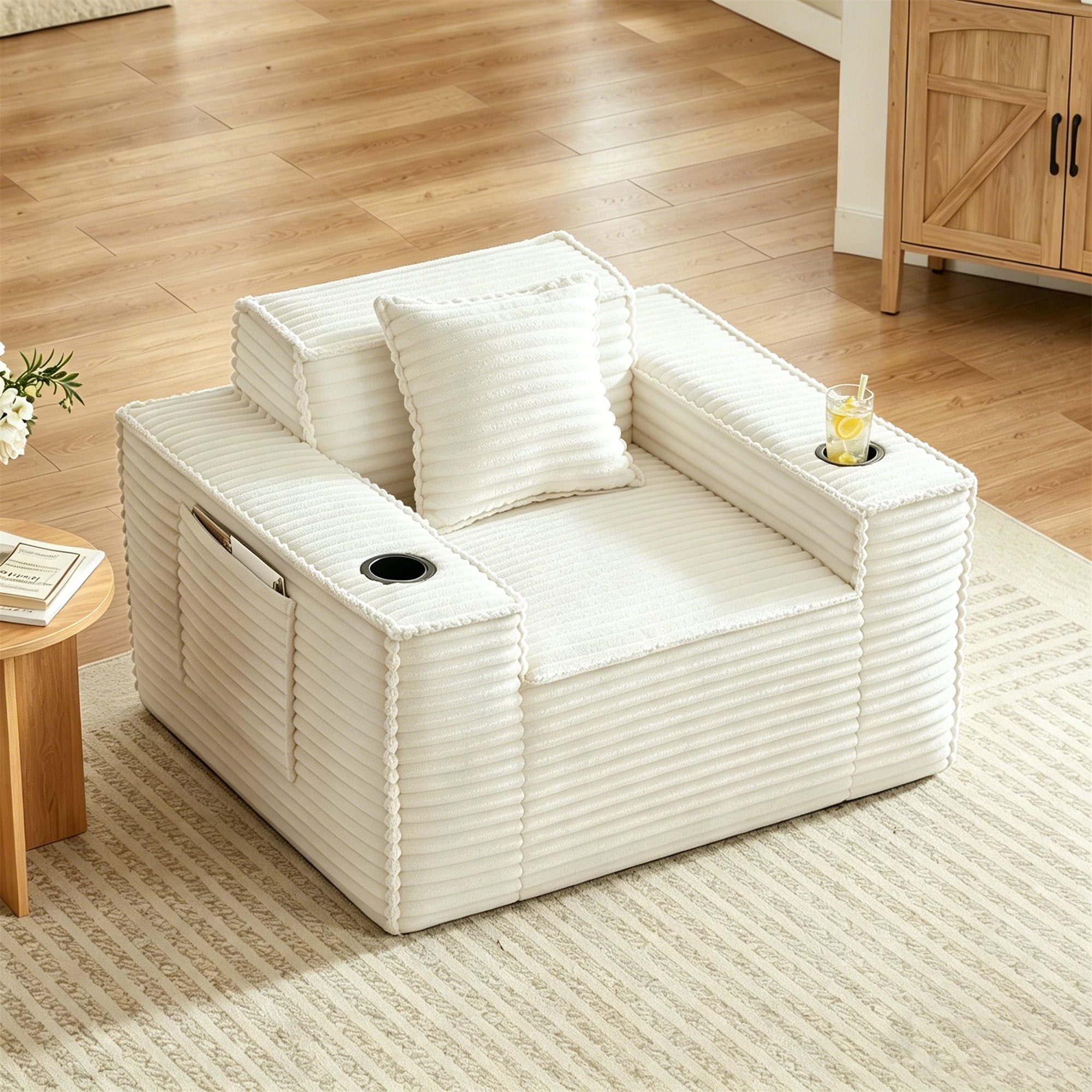 Aukfa 3 Piece Boneless Couch Set, Cloud Sofa Armchair w/ 2 Cup Holders&Storage Pockets for Living Room, Corduroy, White