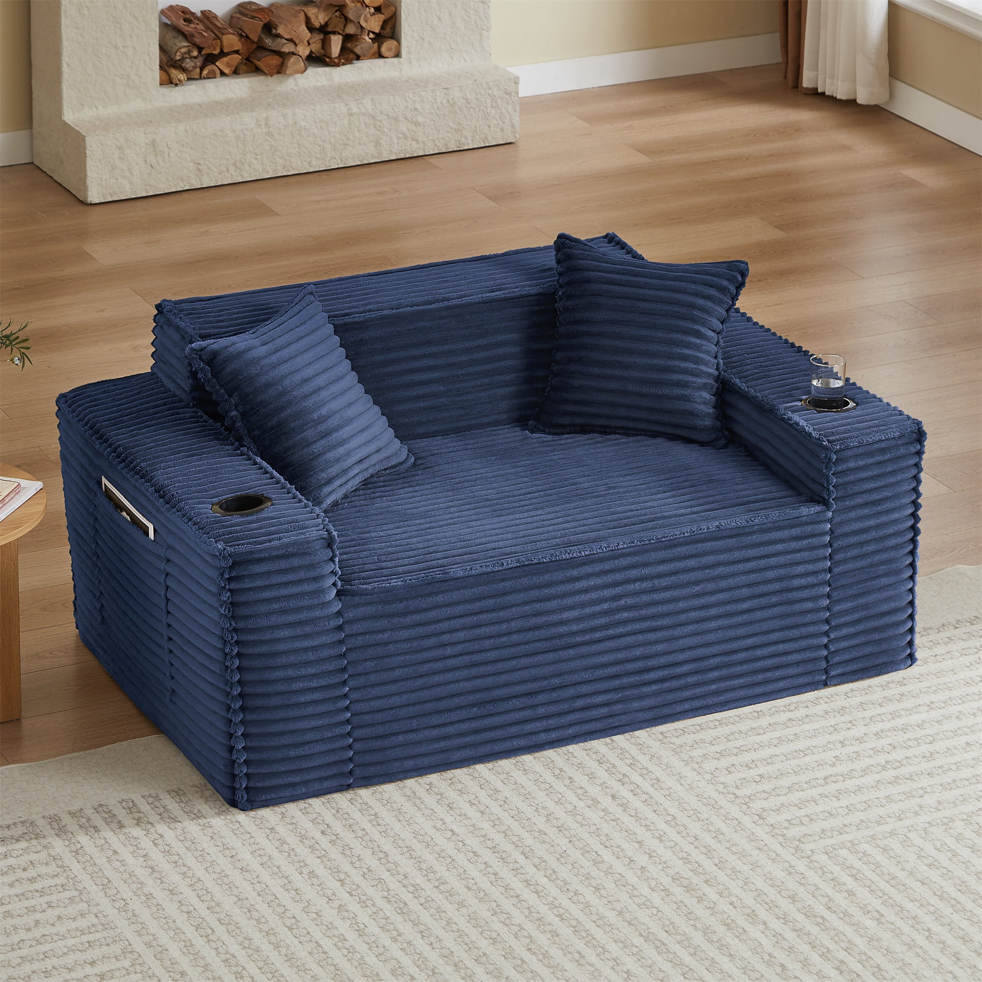 Aukfa 3 Piece Boneless Couch Set, Small Loveseat Cloud Sofa for Living Room, 2 Cup Holders&Storage Pockets, Corduroy, Blue