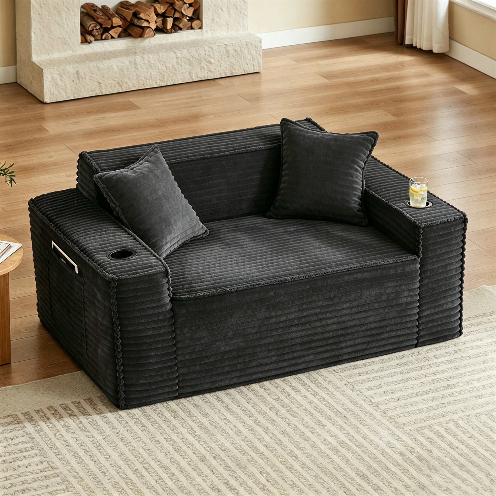 Aukfa 3 Piece Boneless Couch Set, Small Loveseat Cloud Sofa for Living Room, 2 Cup Holders&Storage Pockets, Corduroy, Gray