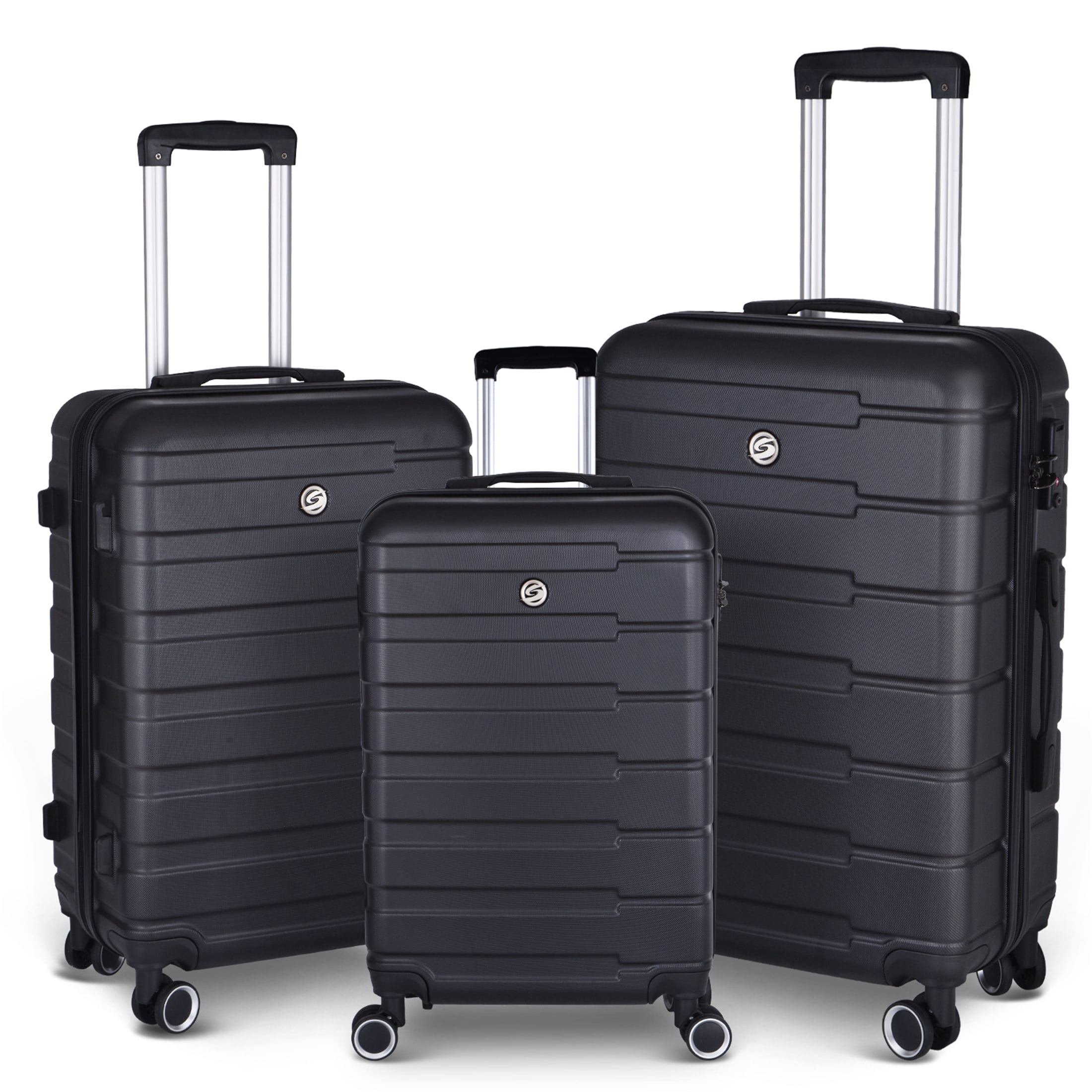 Aukfa 3 Piece Carry On Luggage Set, Hardside Suitcase w/ Double Wheels, Black (20/24/28)