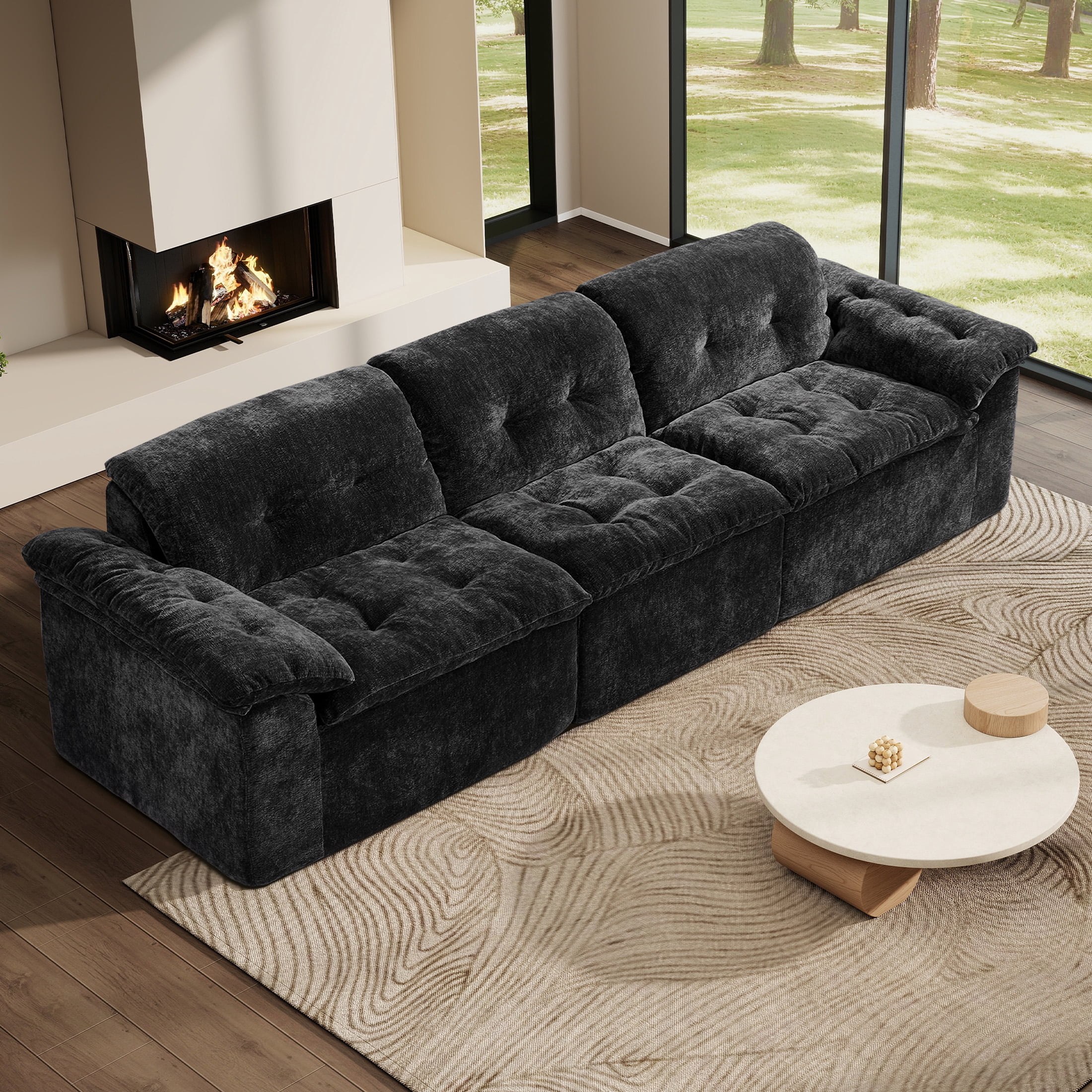 Aukfa 3-Piece Cloud Modular Sectional Sofa for Living Room, Ice Flower Chenille, Black