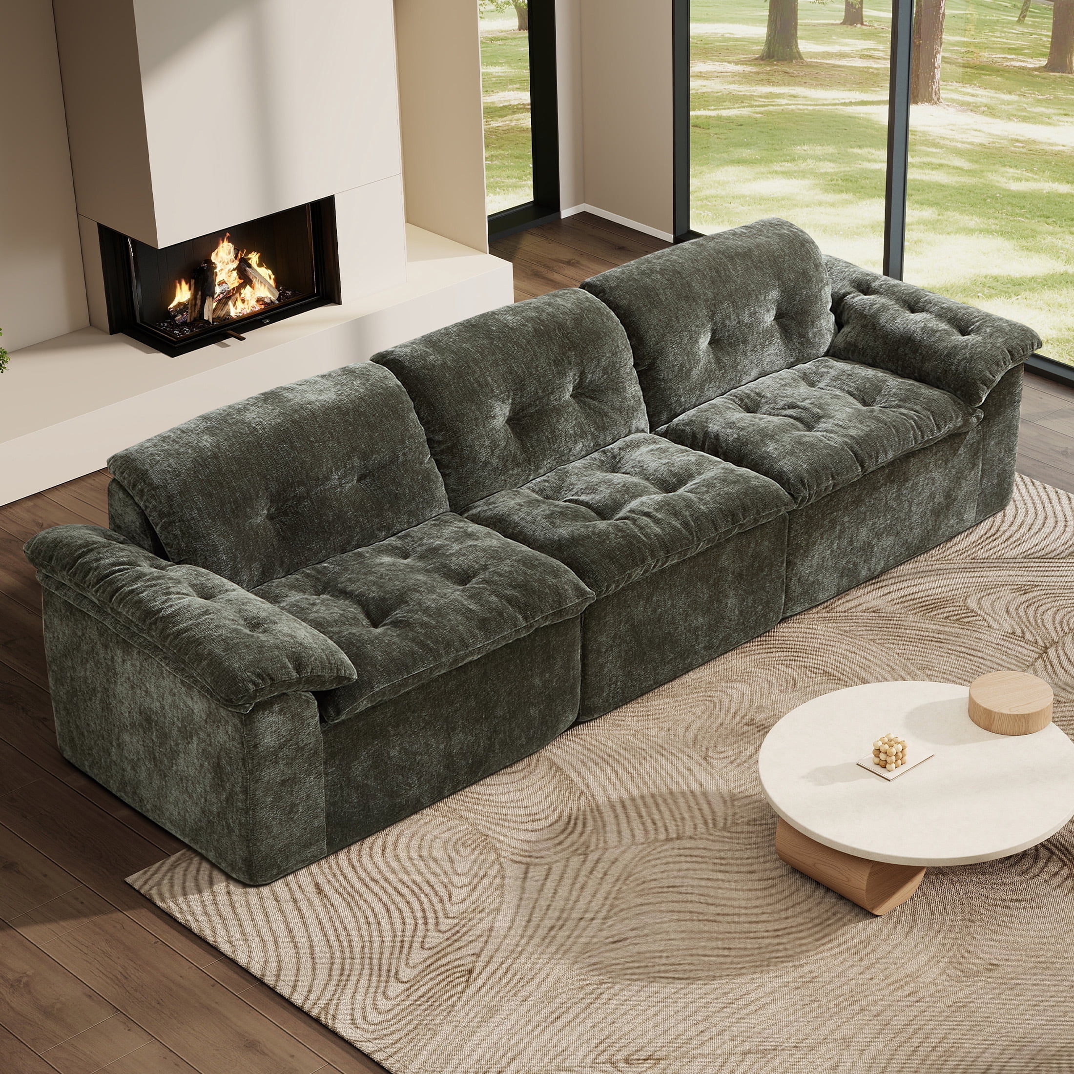 Aukfa 3-Piece Cloud Modular Sectional Sofa for Living Room, Ice Flower Chenille, Green