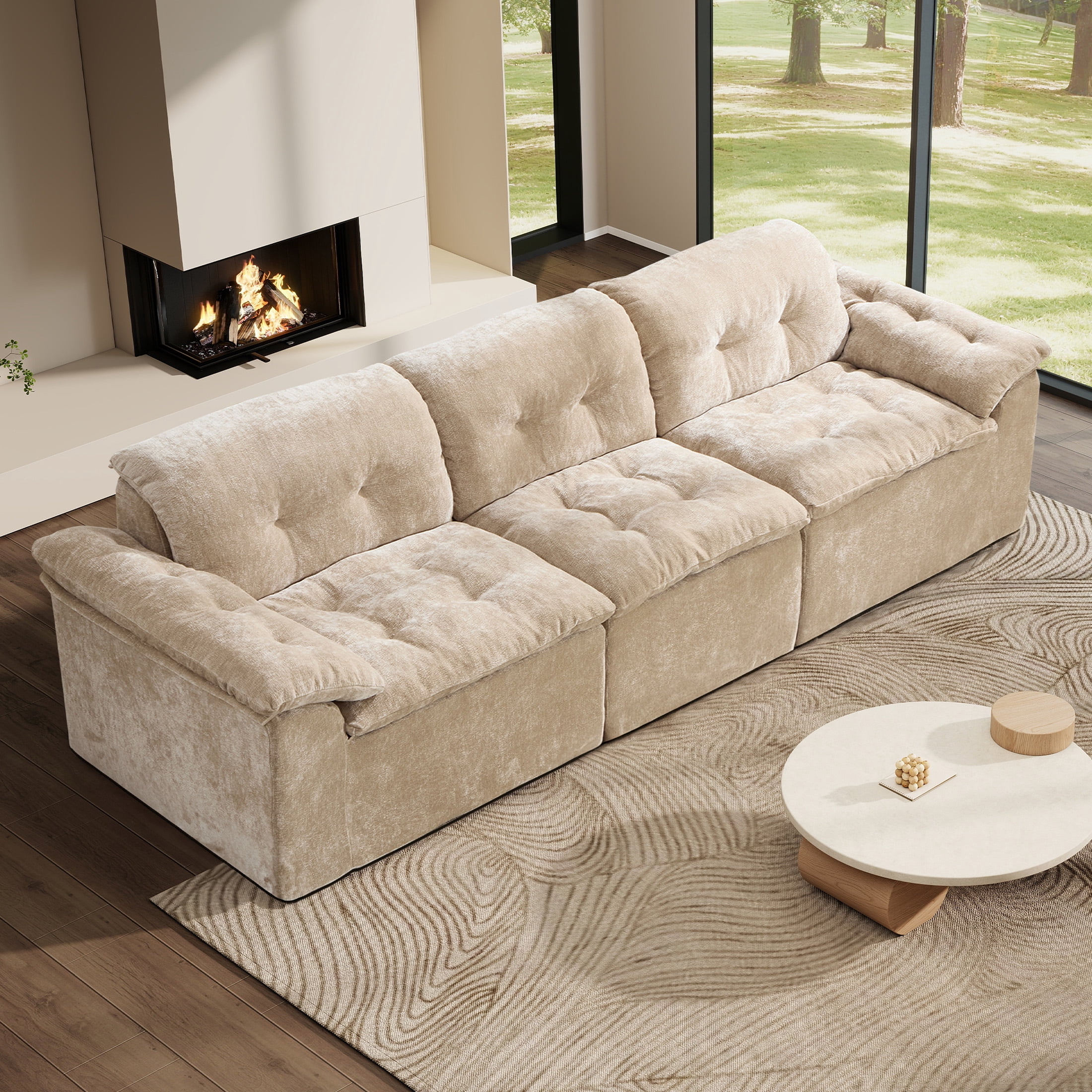 Aukfa 3-Piece Cloud Modular Sectional Sofa for Living Room, Ice Flower Chenille, Tan