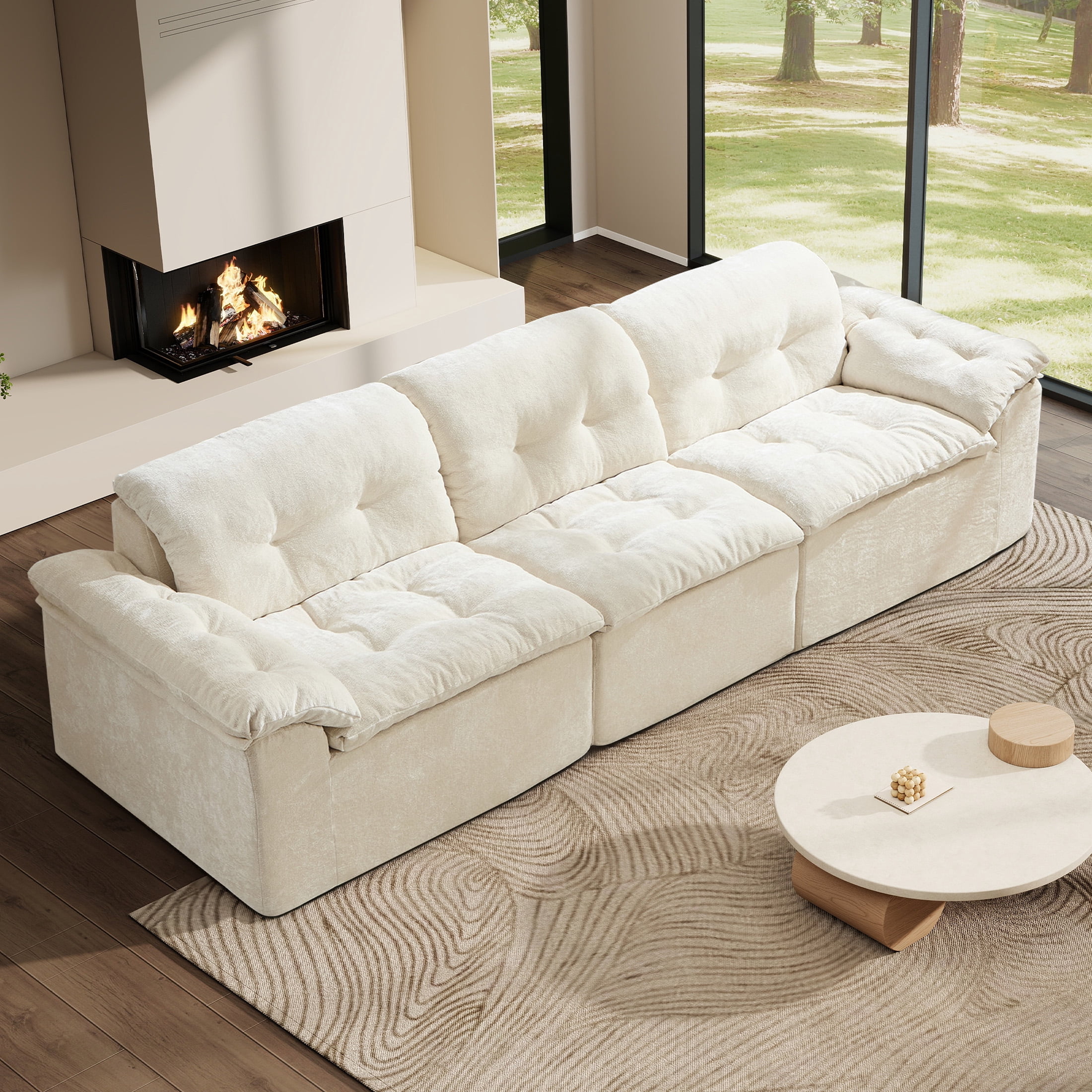 Aukfa 3-Piece Cloud Modular Sectional Sofa for Living Room, Ice Flower Chenille, White